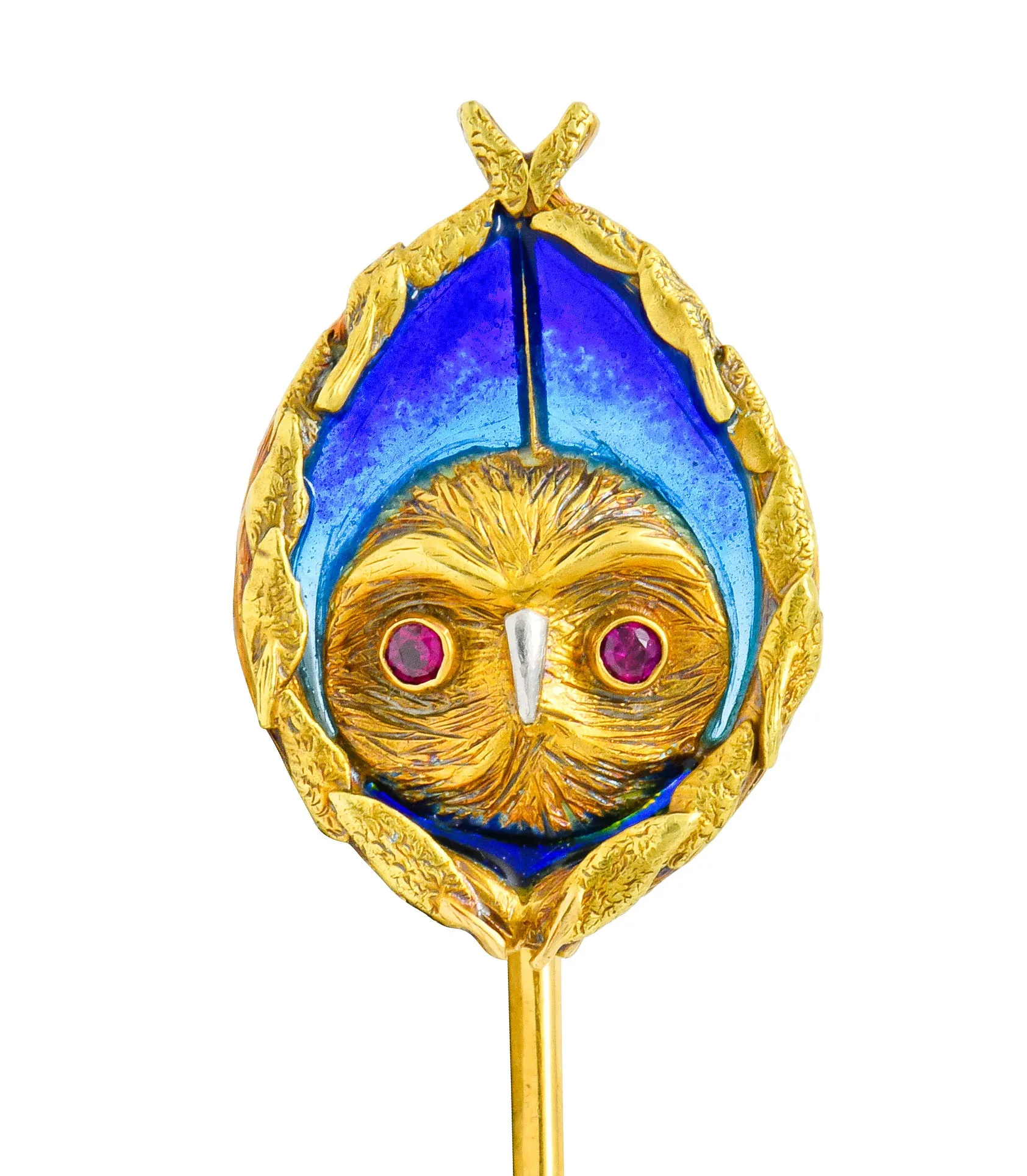 Arts & Crafts Plique-à-Jour Enamel Ruby 18 Karat Gold Foliate Owl Stickpin