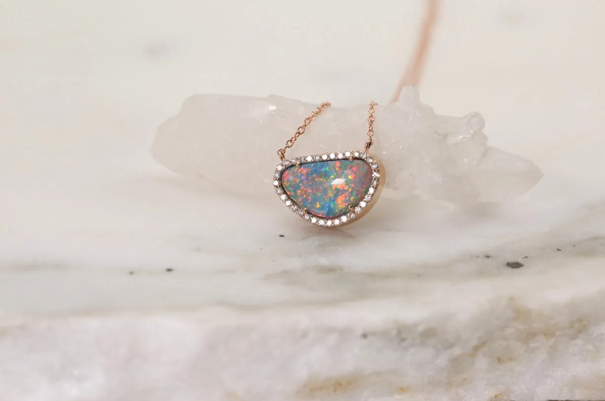 Australian Opal Slice Diamond Halo Necklace