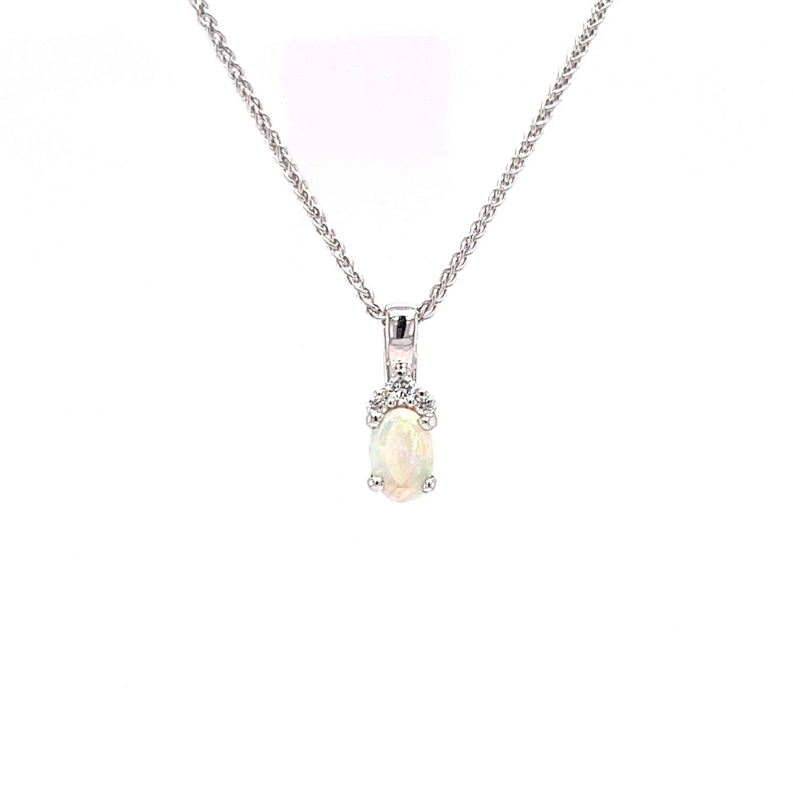 Australian White Opal with Three Diamonds in 14k White Gold