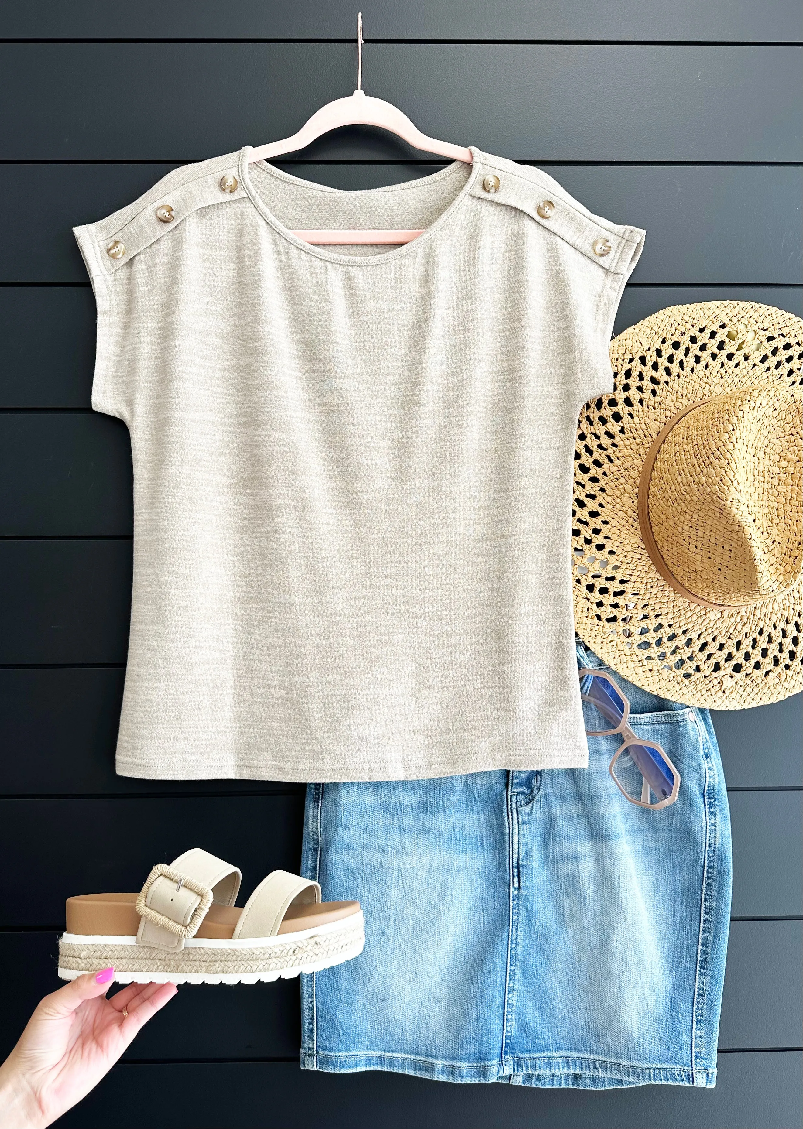 Beige Gray Casual Button Tee