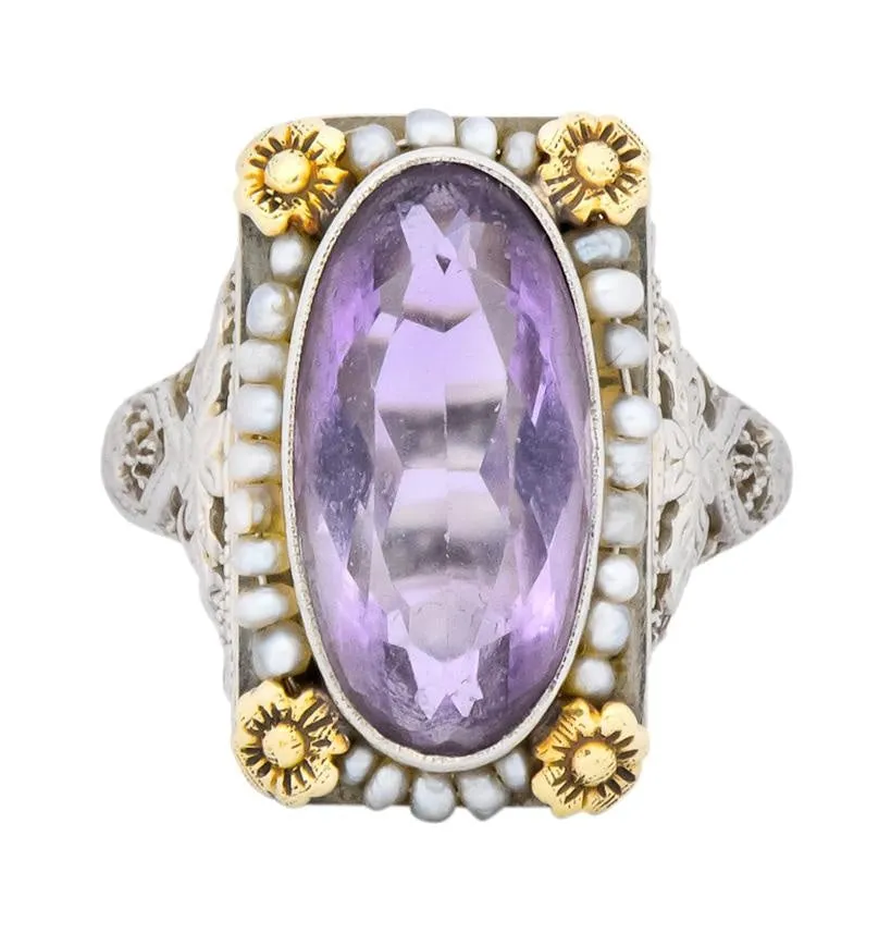 Belle poque Amethyst Pearl 14 Karat Two-Tone Gold Cocktail Ring