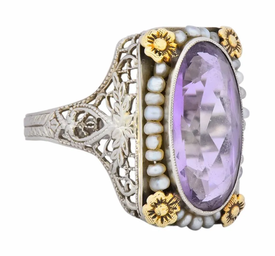 Belle poque Amethyst Pearl 14 Karat Two-Tone Gold Cocktail Ring