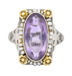 Belle poque Amethyst Pearl 14 Karat Two-Tone Gold Cocktail Ring