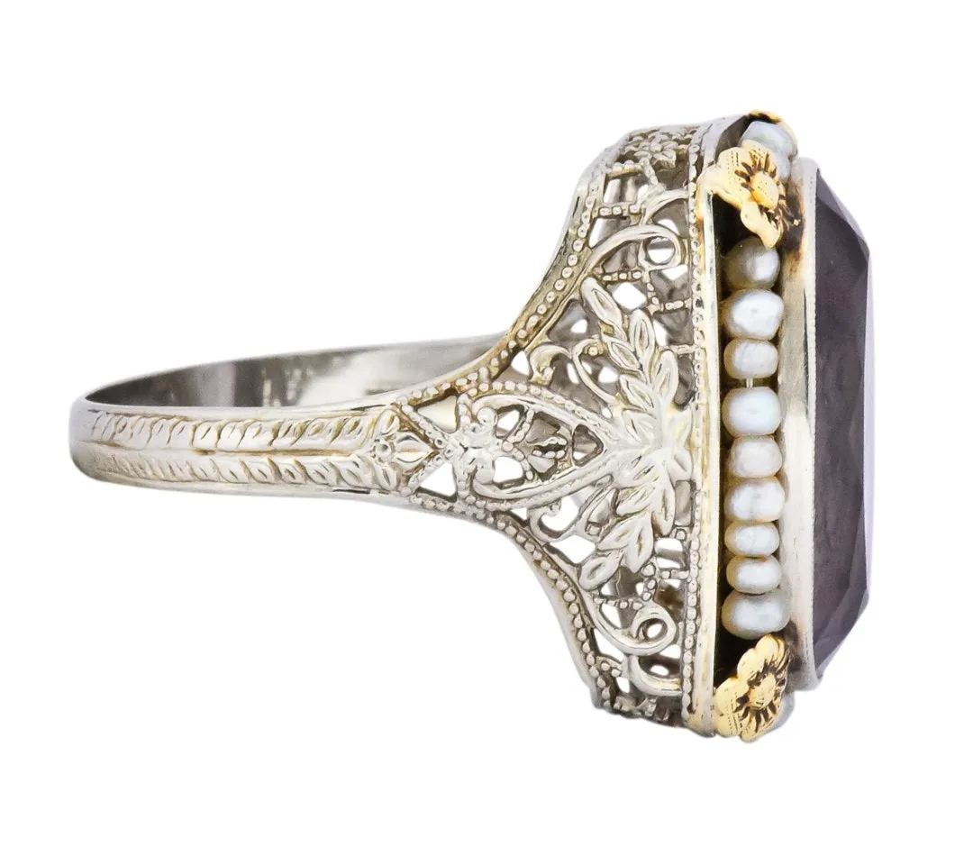 Belle poque Amethyst Pearl 14 Karat Two-Tone Gold Cocktail Ring