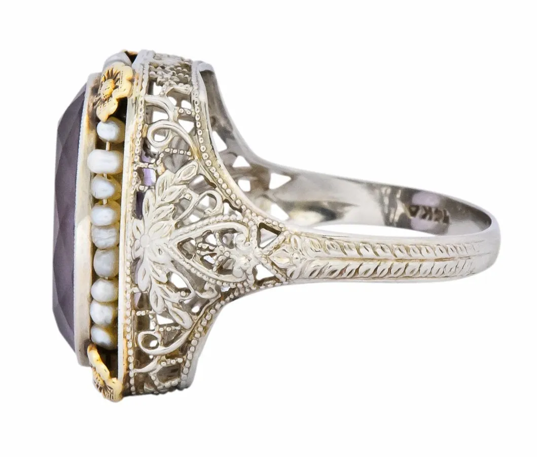 Belle poque Amethyst Pearl 14 Karat Two-Tone Gold Cocktail Ring