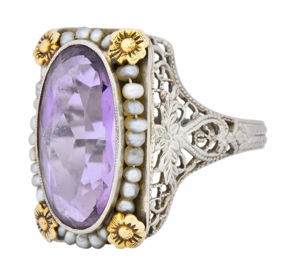 Belle poque Amethyst Pearl 14 Karat Two-Tone Gold Cocktail Ring