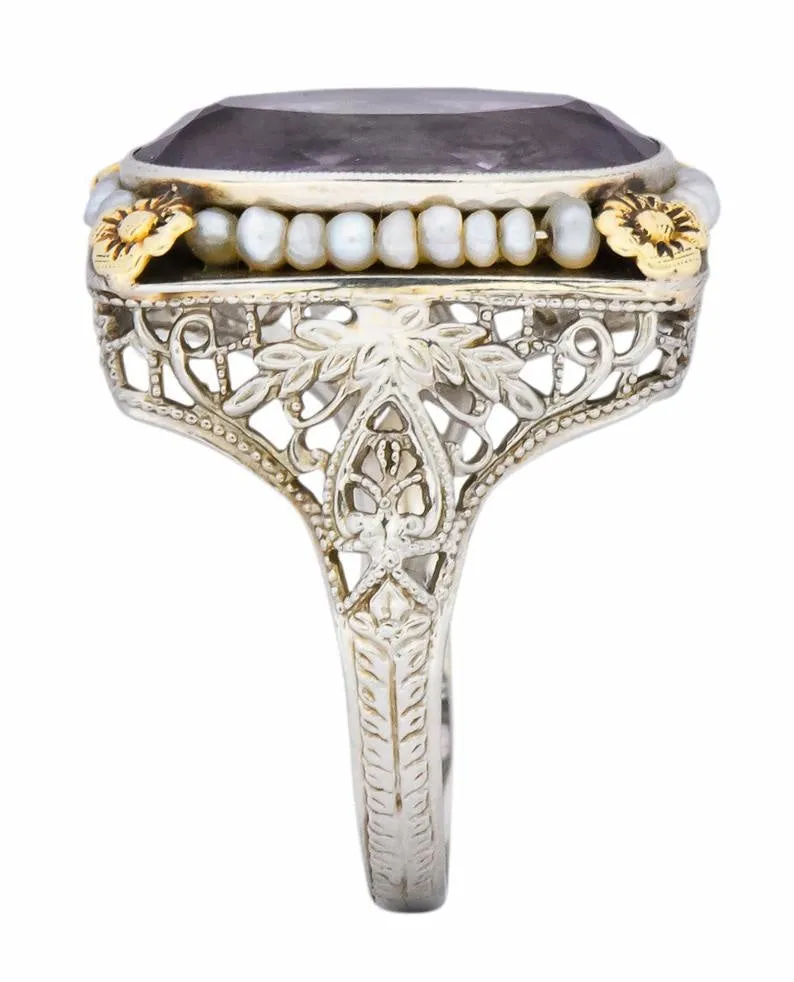 Belle poque Amethyst Pearl 14 Karat Two-Tone Gold Cocktail Ring