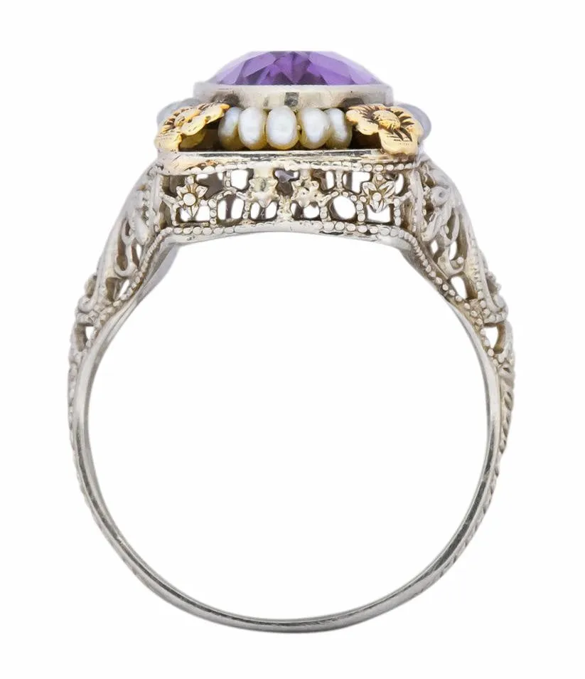 Belle poque Amethyst Pearl 14 Karat Two-Tone Gold Cocktail Ring