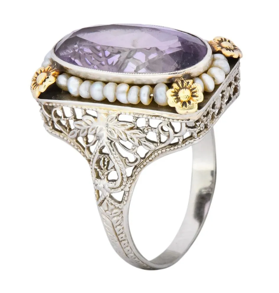 Belle poque Amethyst Pearl 14 Karat Two-Tone Gold Cocktail Ring