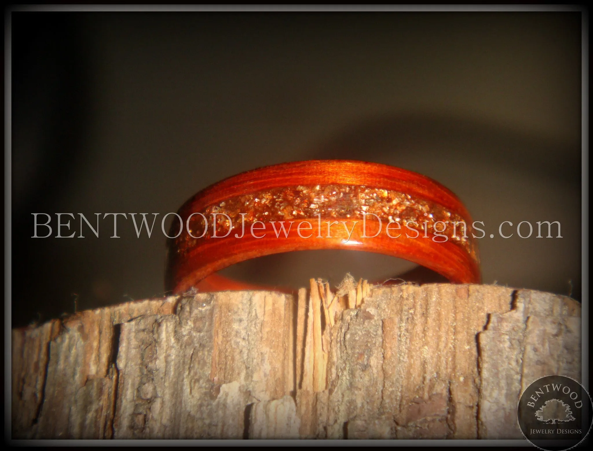 Bentwood Ring - African padauk wood ring with German copper and amber glass inlay