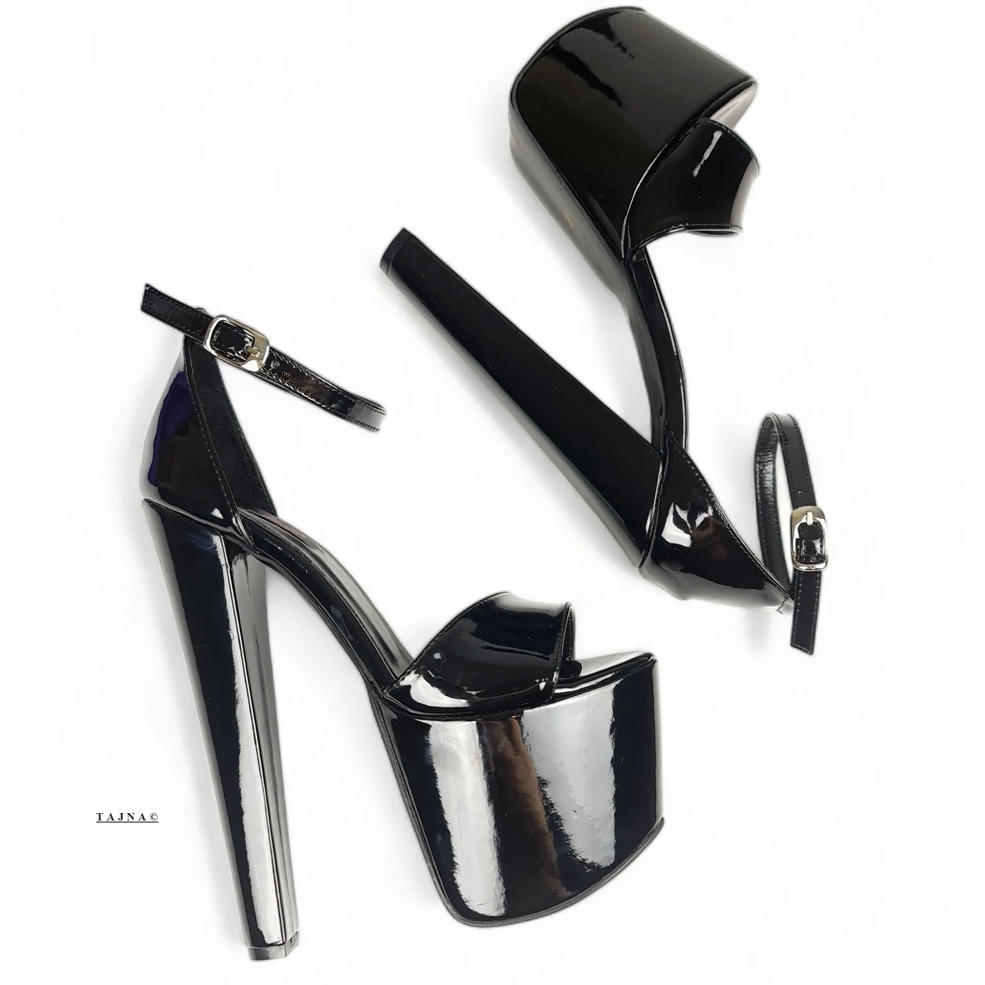 Black Gloss Thick High Heel Sandals