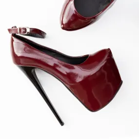 Bordeaux Gloss Ankle Strap Platform Heels