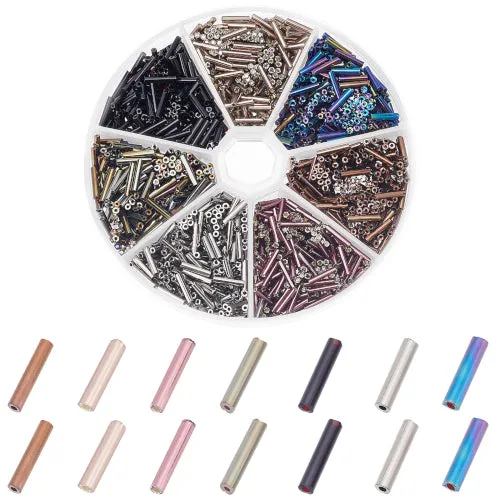 Bugle Beads, Glass, Metallic, Assorted Colors, 9x2mm