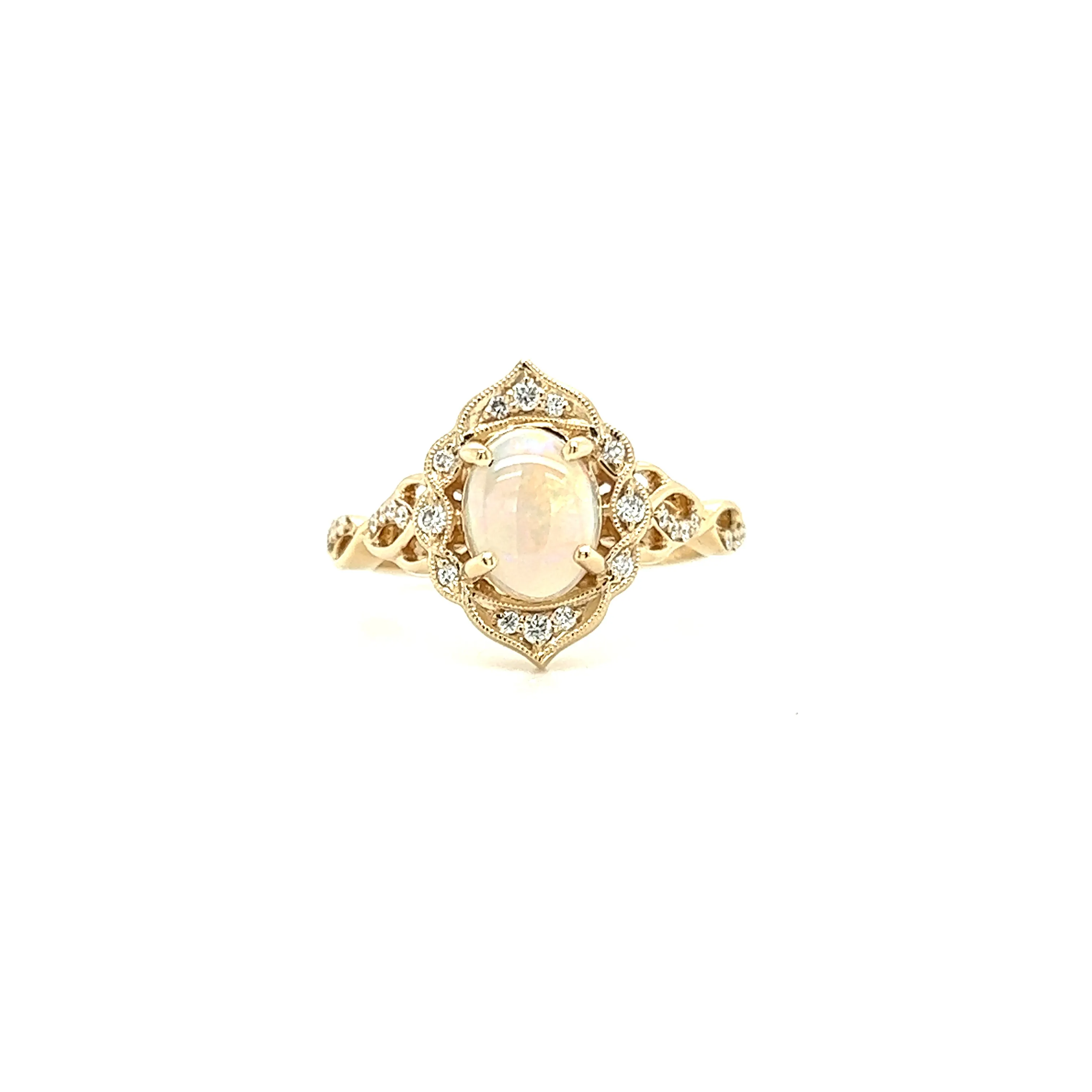 Cabochon White Opal Ring with 0.125ctw of Diamonds in 14K Yellow Gold