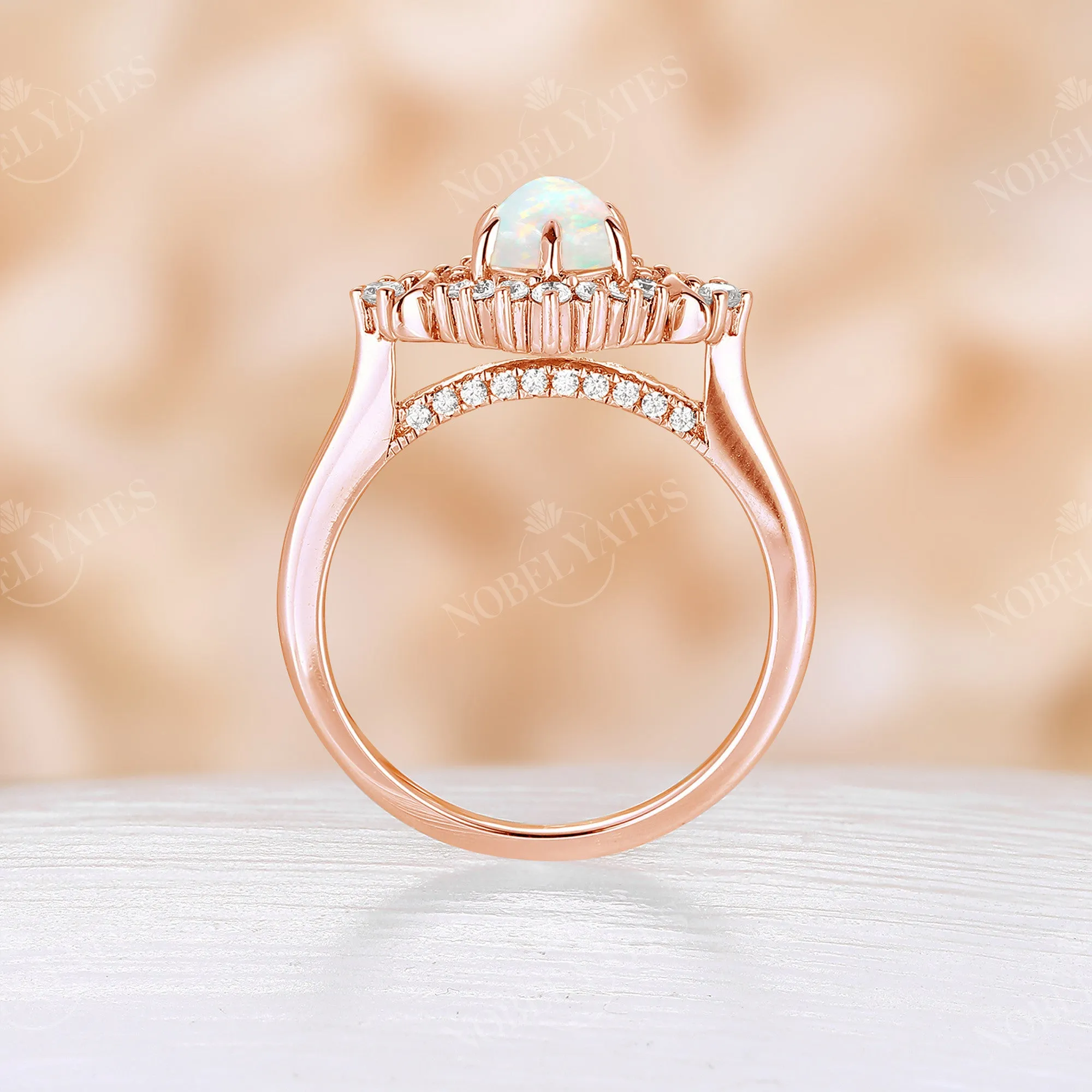 Celestial Moon White Opal Rose Gold Halo Engagement Ring