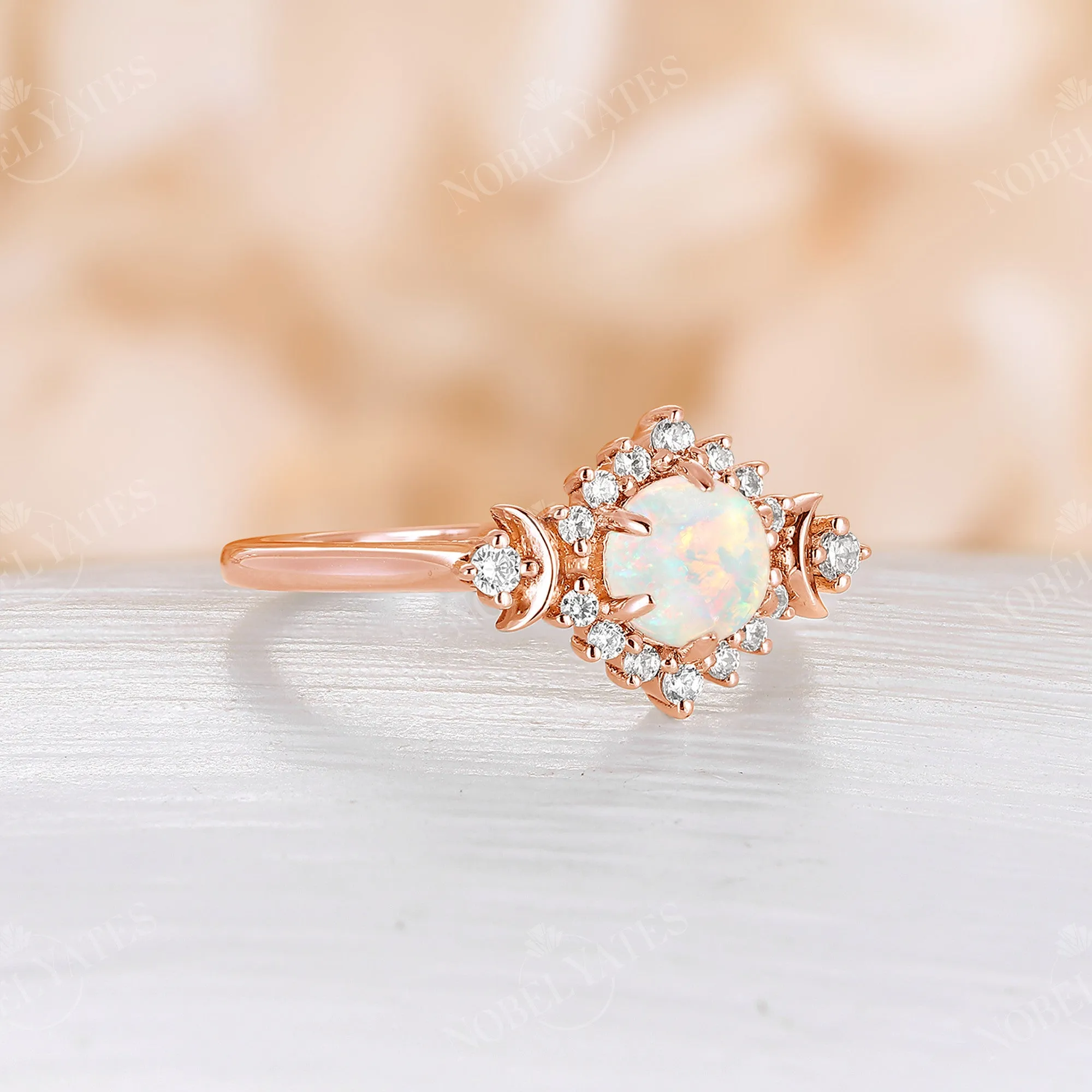 Celestial Moon White Opal Rose Gold Halo Engagement Ring