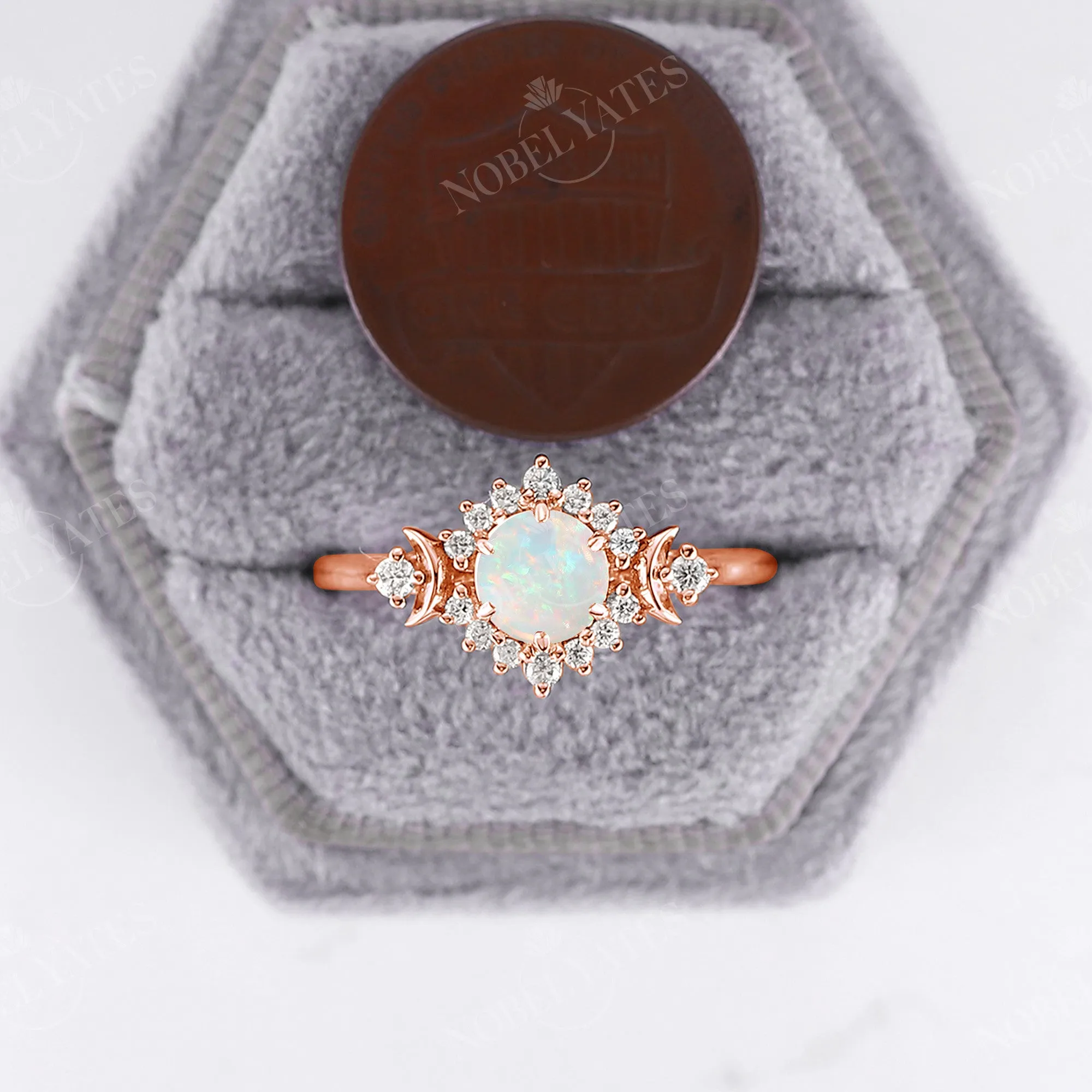 Celestial Moon White Opal Rose Gold Halo Engagement Ring