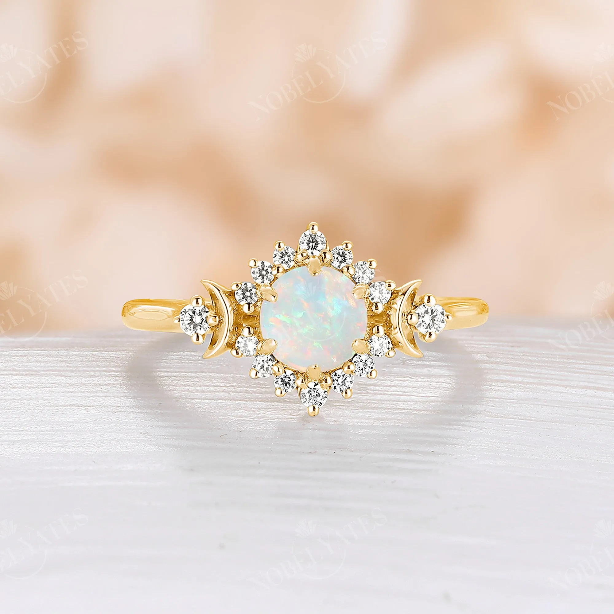 Celestial Moon White Opal Rose Gold Halo Engagement Ring