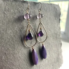 Charoite And Amethyst Chandelier Earrings, Gold