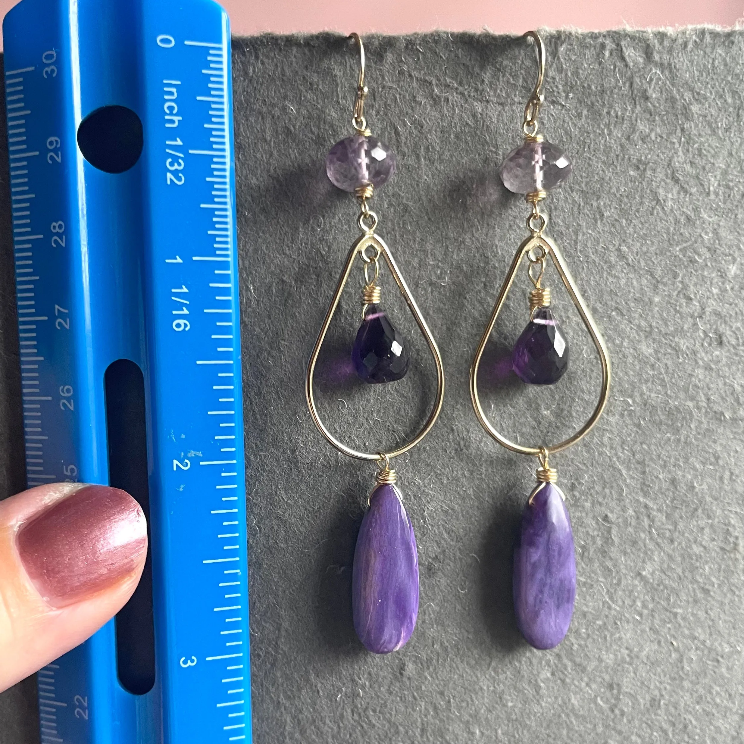 Charoite And Amethyst Chandelier Earrings, Gold