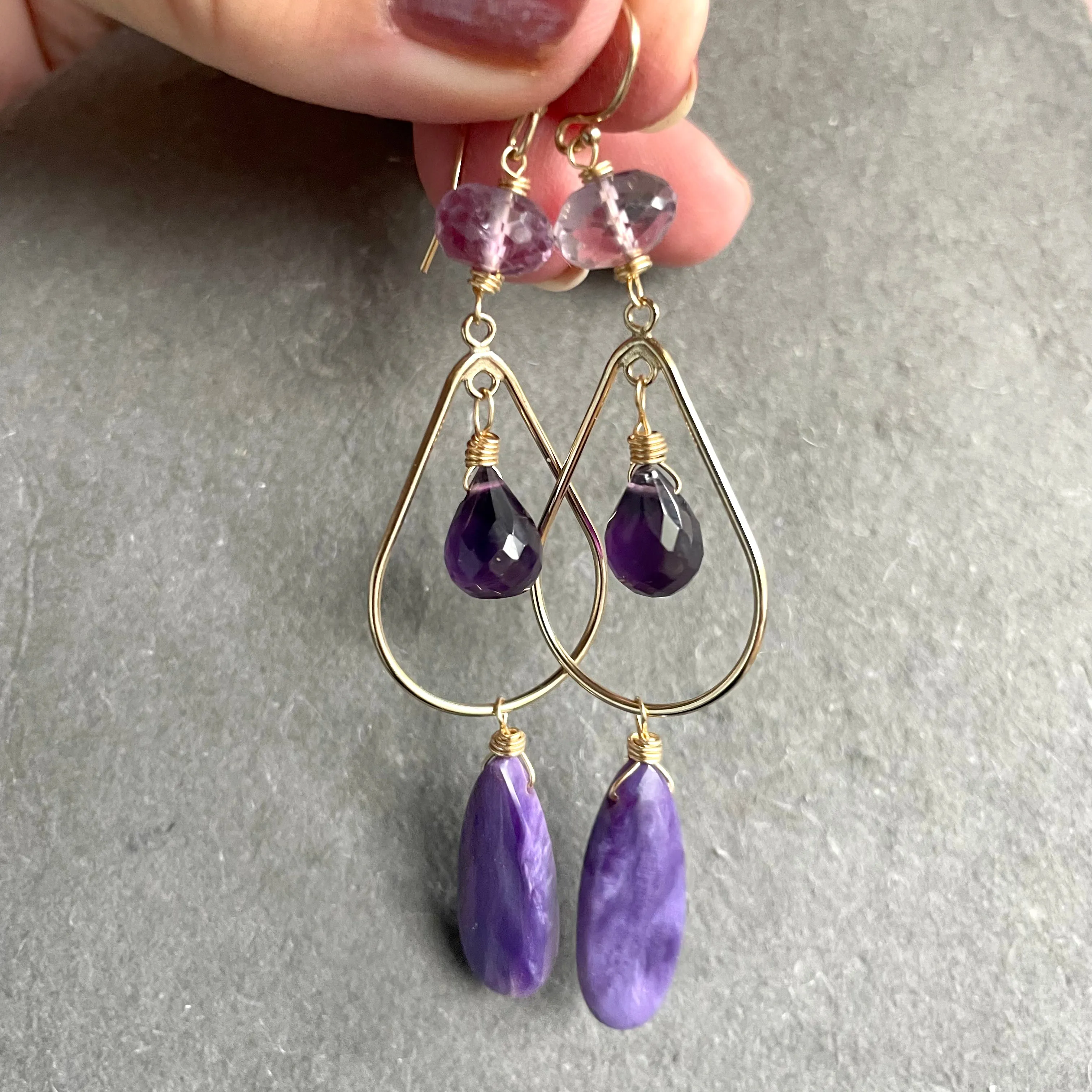 Charoite And Amethyst Chandelier Earrings, Gold