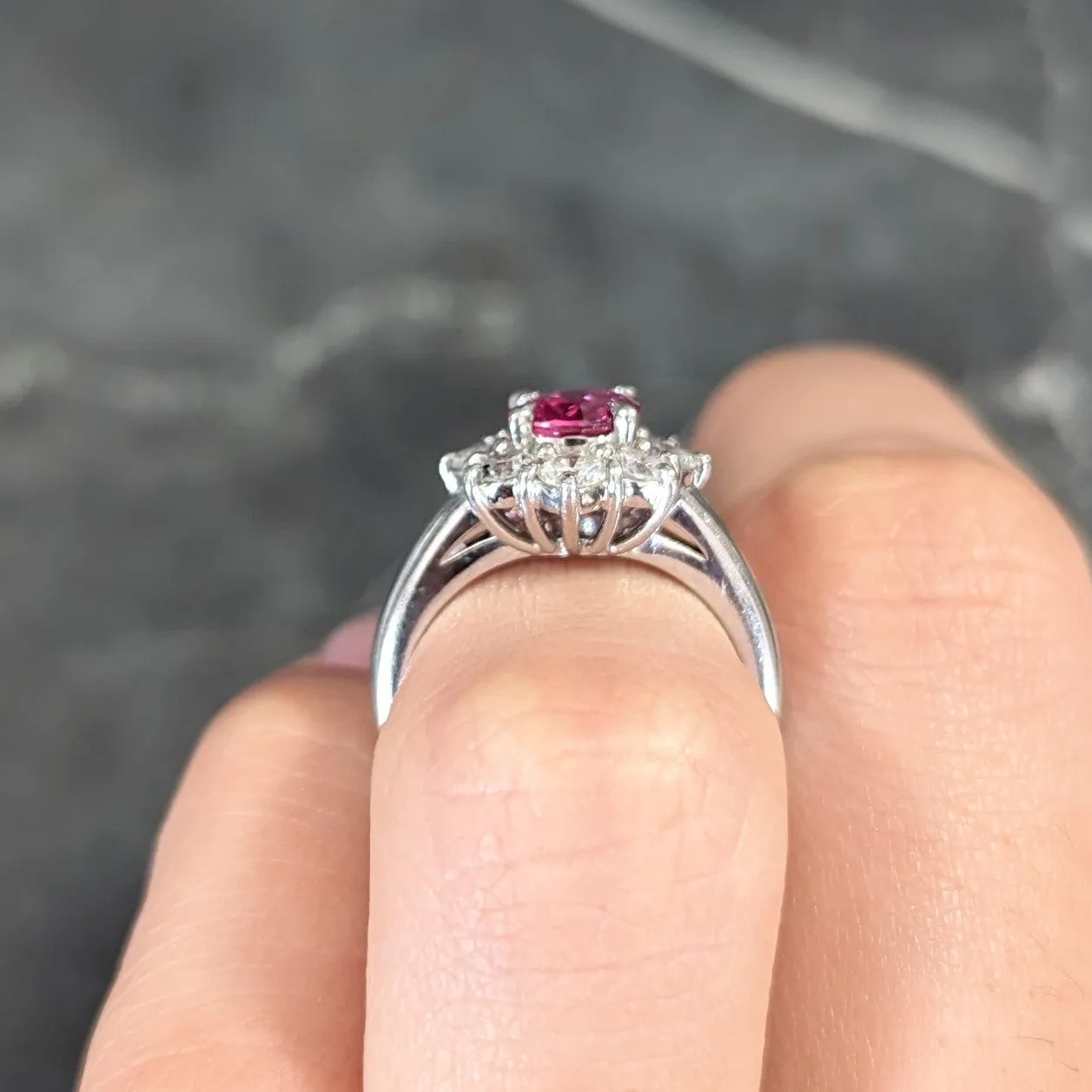 Contemporary 1.89 CTW Oval Cut Ruby Diamond Platinum Cluster Ring