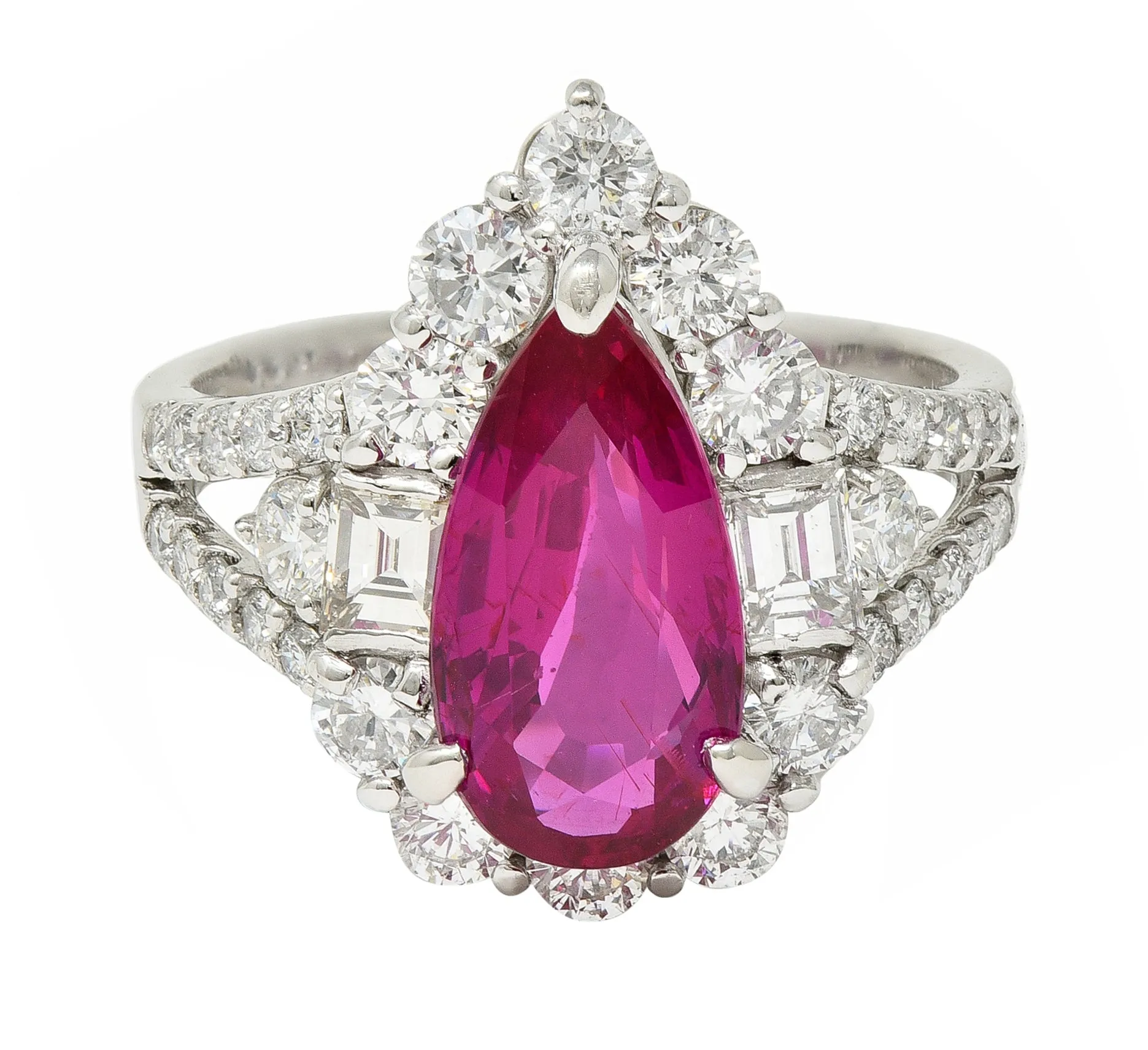 Contemporary 5.11 CTW Pear Cut Mozambique No Heat Ruby Diamond Ring AGL