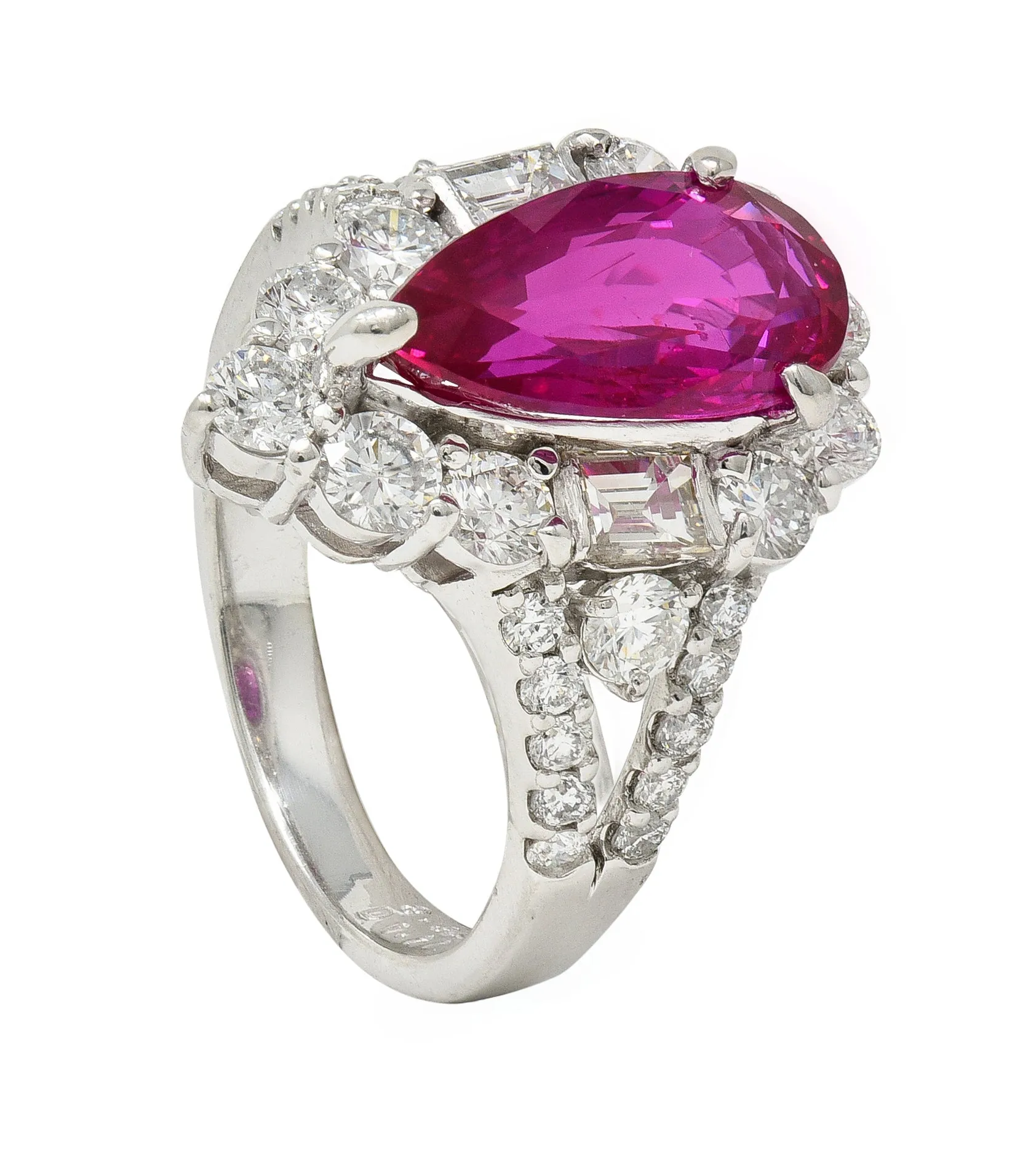 Contemporary 5.11 CTW Pear Cut Mozambique No Heat Ruby Diamond Ring AGL