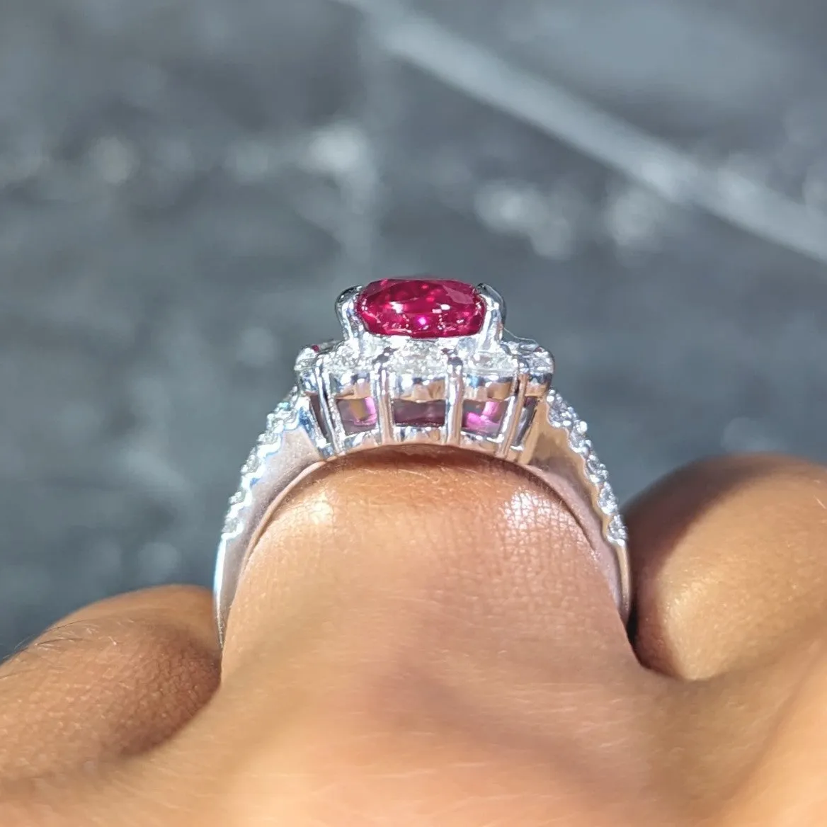 Contemporary 5.11 CTW Pear Cut Mozambique No Heat Ruby Diamond Ring AGL