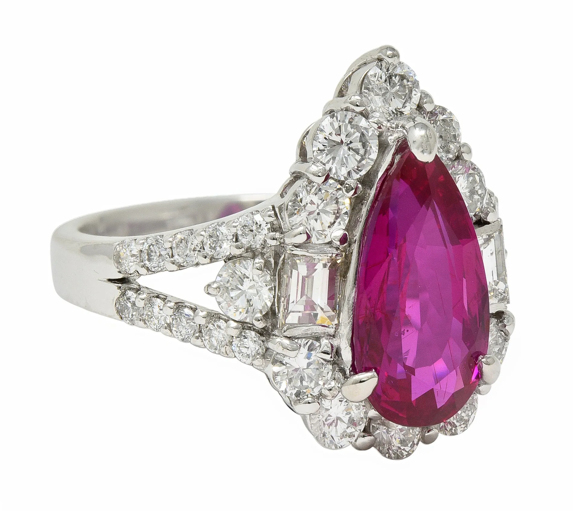 Contemporary 5.11 CTW Pear Cut Mozambique No Heat Ruby Diamond Ring AGL