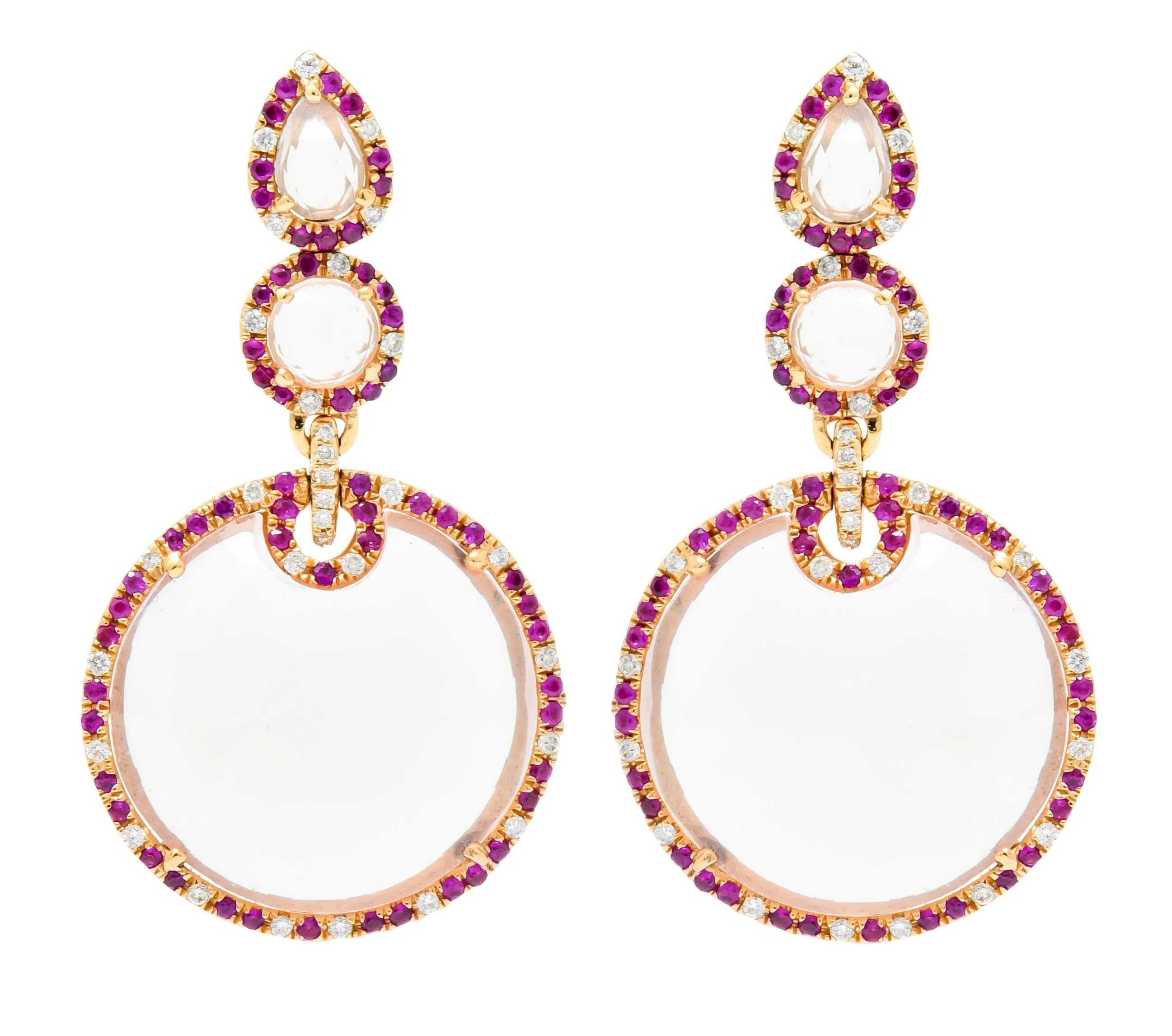 Contemporary Rose Quartz Ruby Diamond 18 Karat Rose Gold Drop Earrings