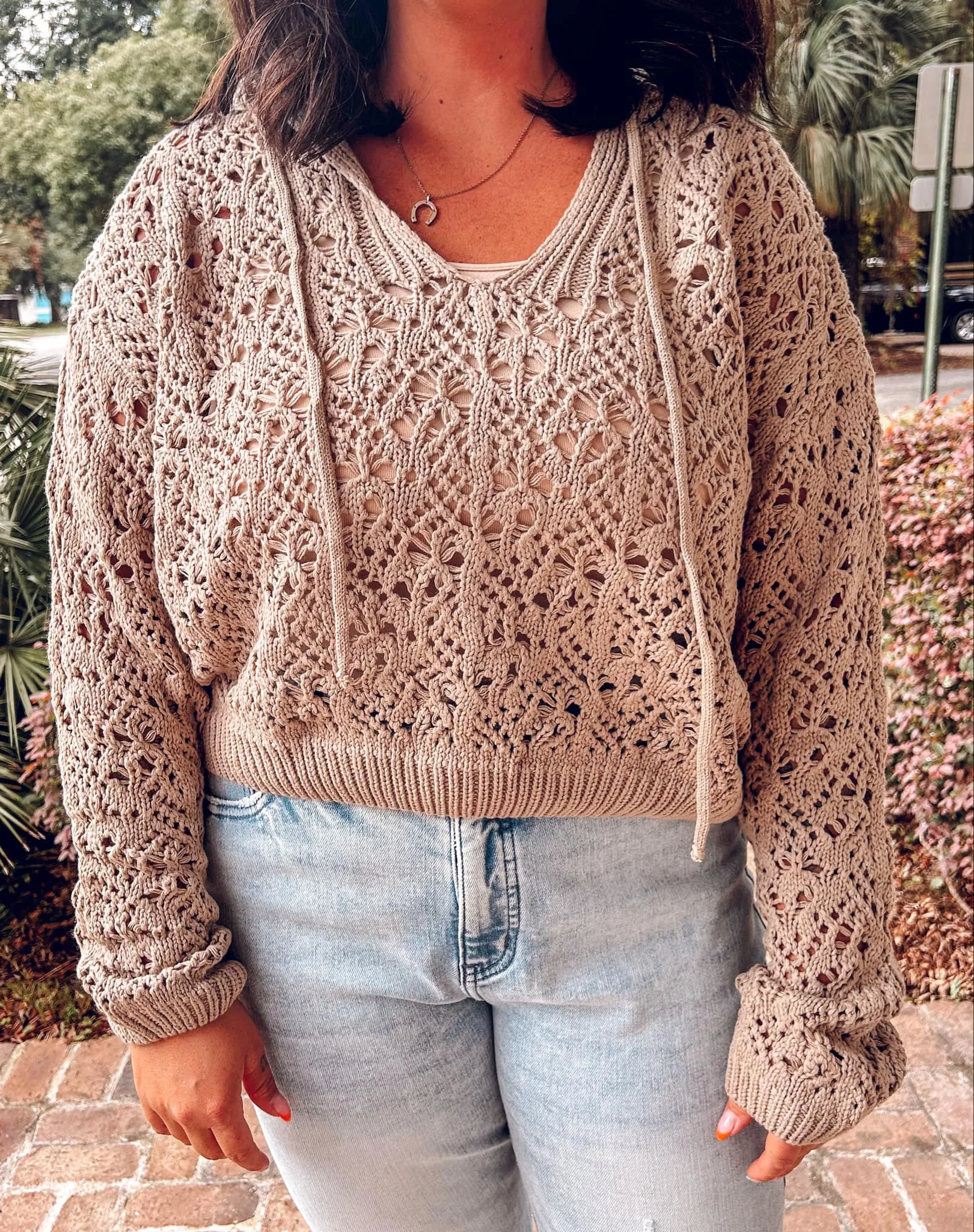 Crochet Hooded Top| Taupe