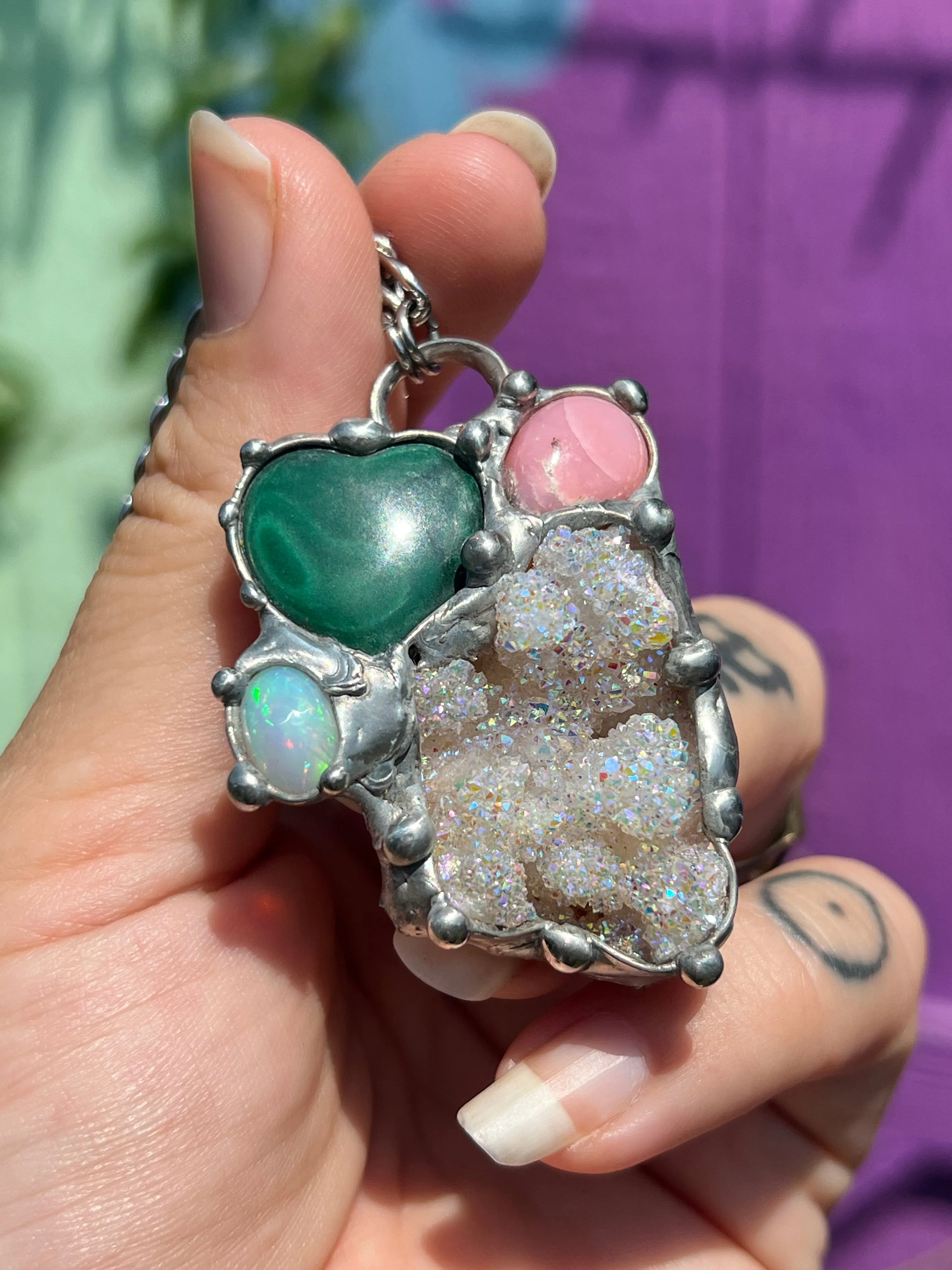 Crystal collage amulet; Aura Quartz, Opal, Malachite, & pink opal