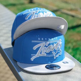 Detroit Lions Team Script College Bar Gray Bottom 9Fifty Snapback | Blue and Gray Snap Cap