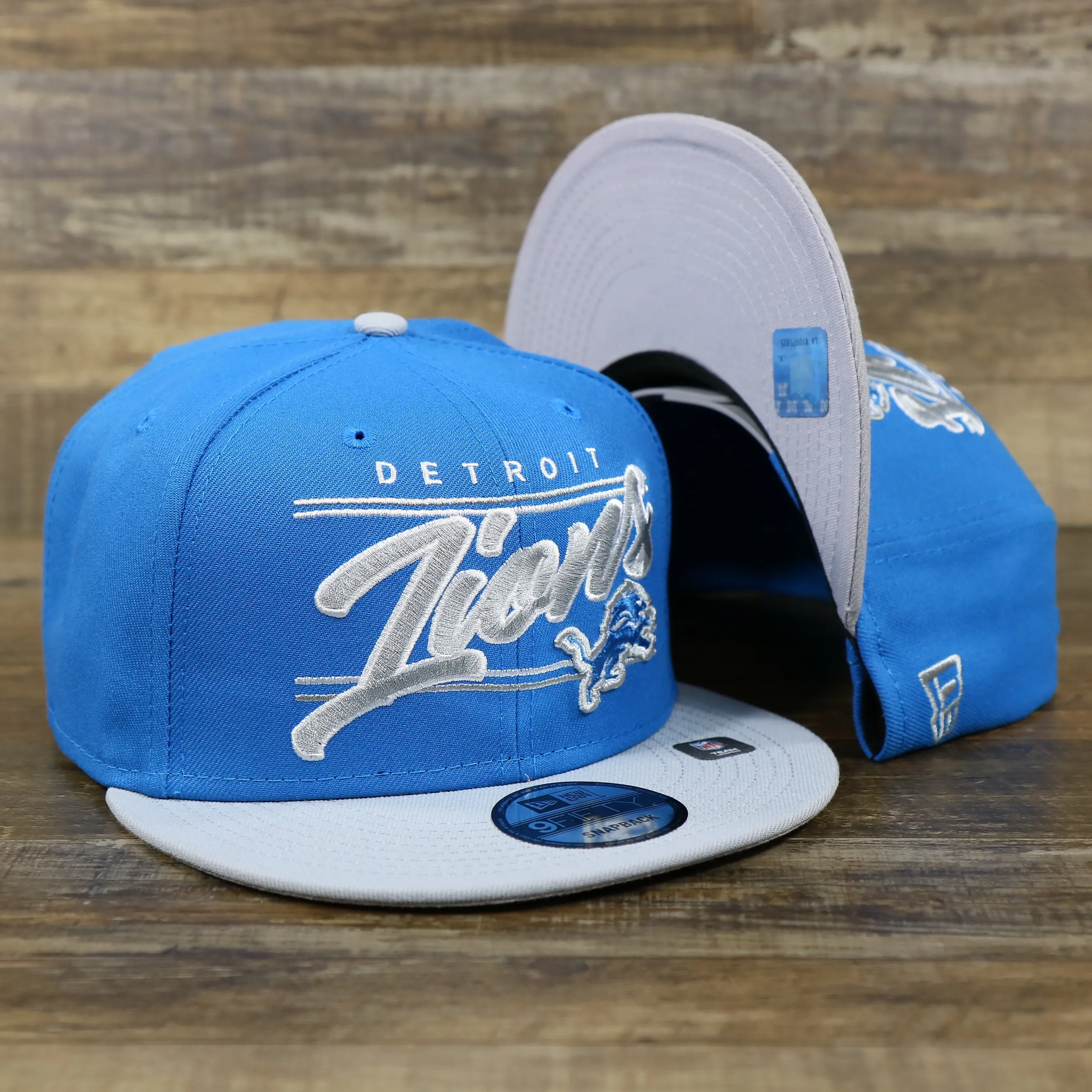 Detroit Lions Team Script College Bar Gray Bottom 9Fifty Snapback | Blue and Gray Snap Cap