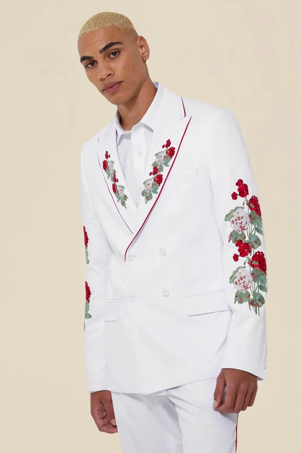 Double Breasted Skinny Floral Pipe Suit Jacket