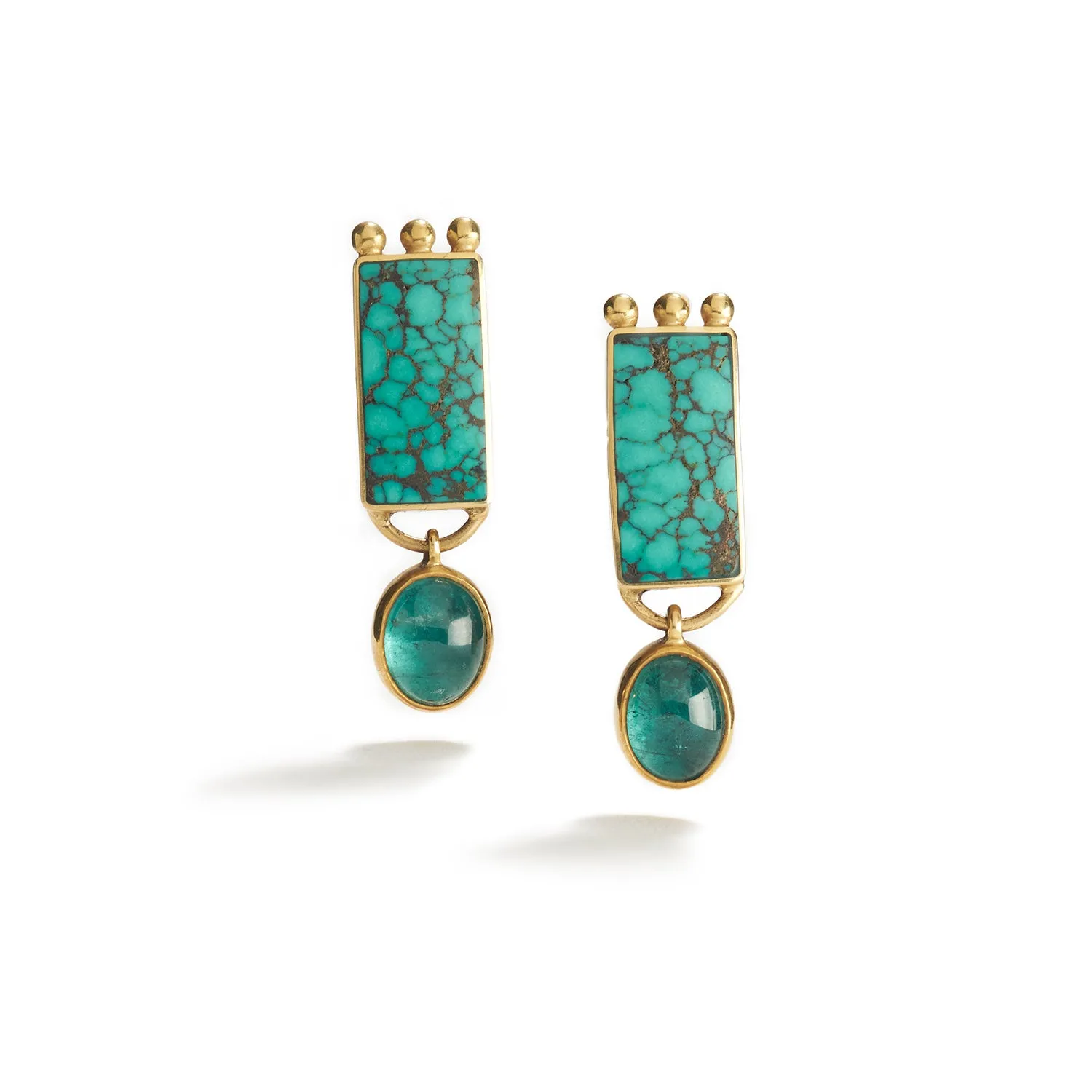 Earrings in Gold, Turquoise, & Tourmaline