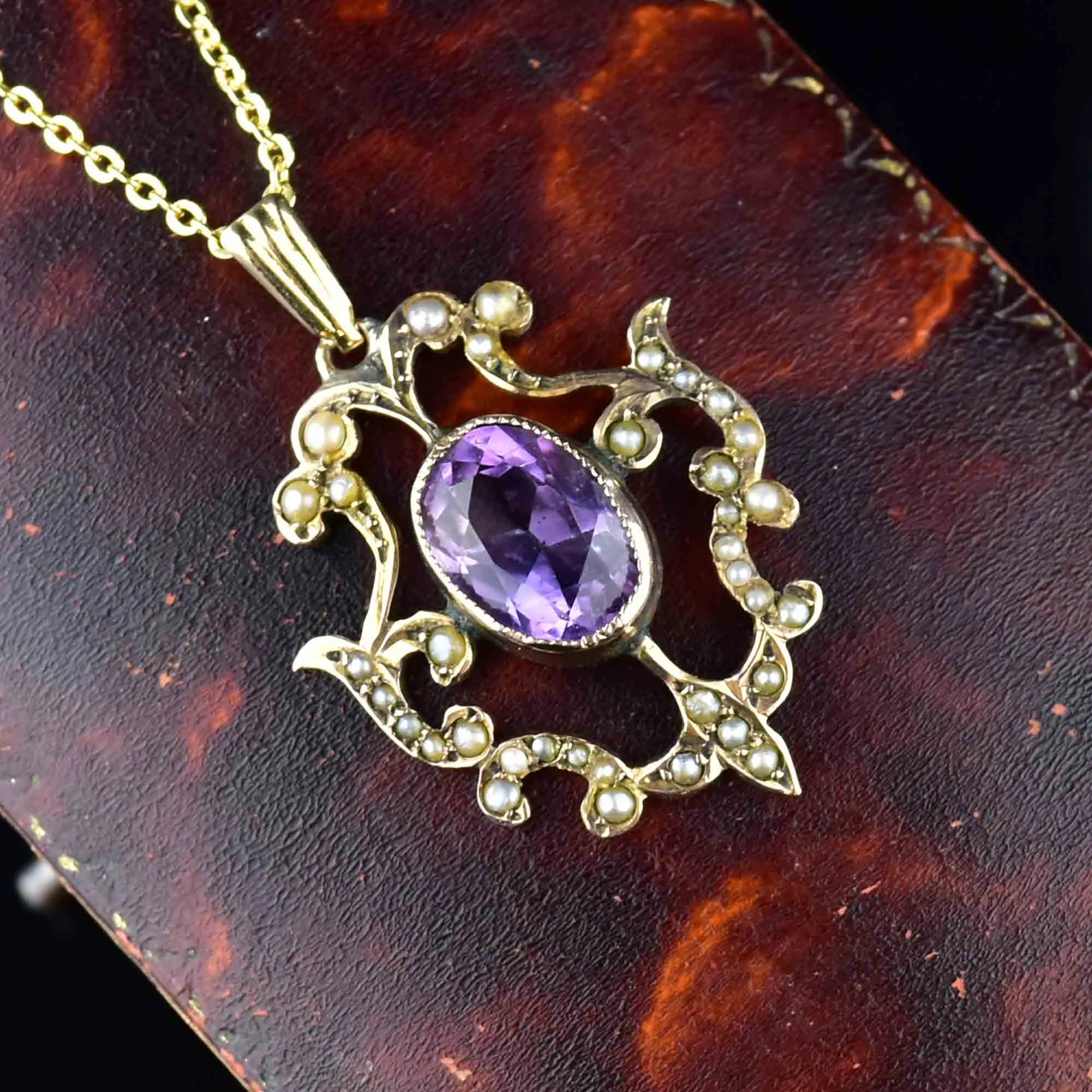 Edwardian Gold Amethyst Seed Pearl Lavaliere Pendant Necklace