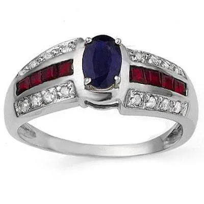 ELITE 0.52 CT GENUINE SAPPHIRE & 8 PCS GENUINE RUBY 10K SOLID WHITE GOLD RING