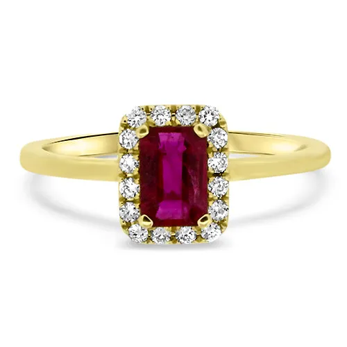 Emerald Cut Ruby Ring with Diamond Halo