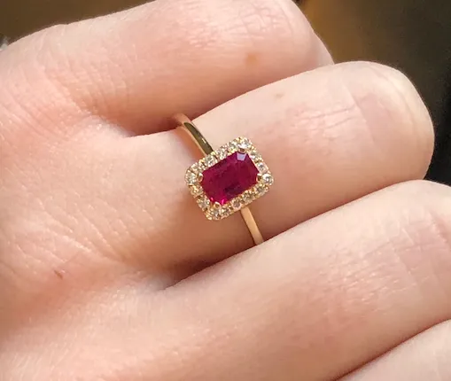 Emerald Cut Ruby Ring with Diamond Halo