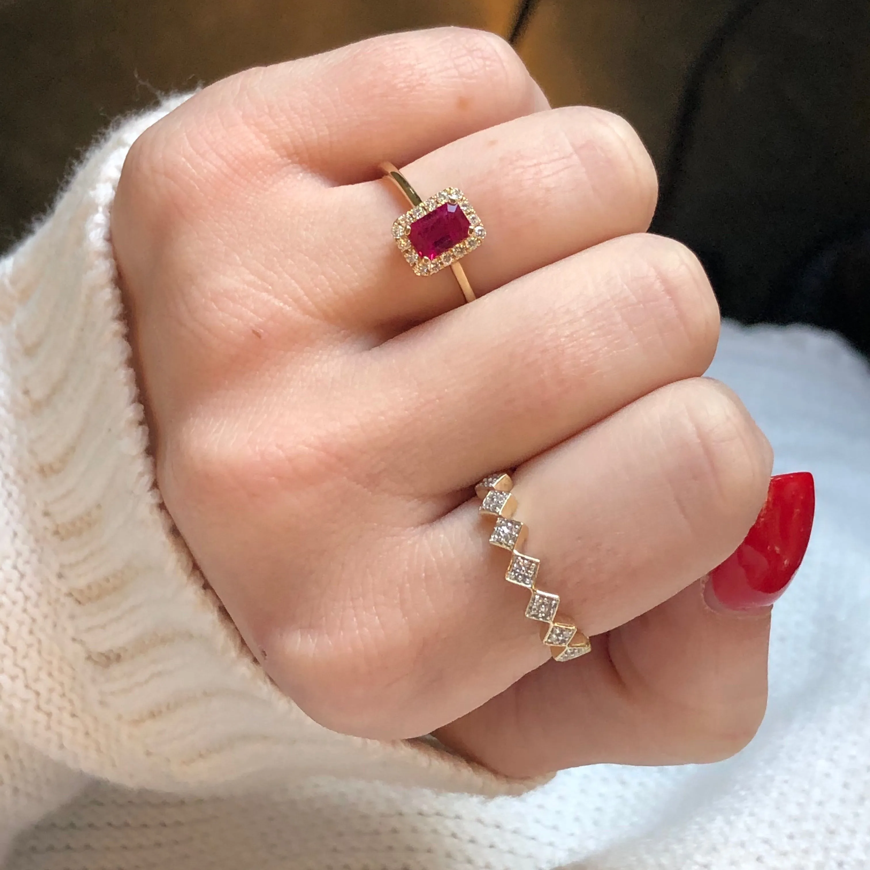 Emerald Cut Ruby Ring with Diamond Halo