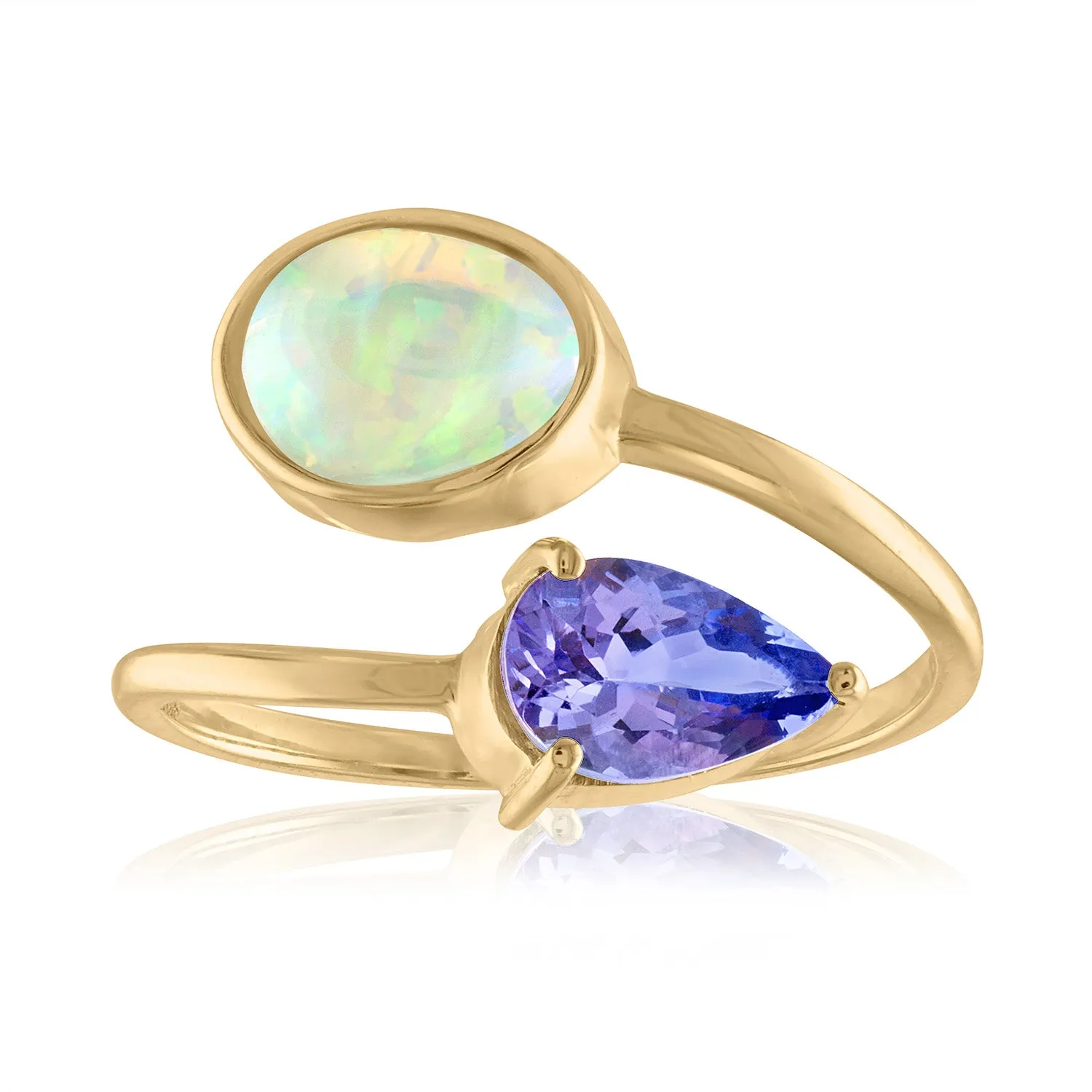 ETHIOPIAN OPAL AND TANZANITE BYPASS RING