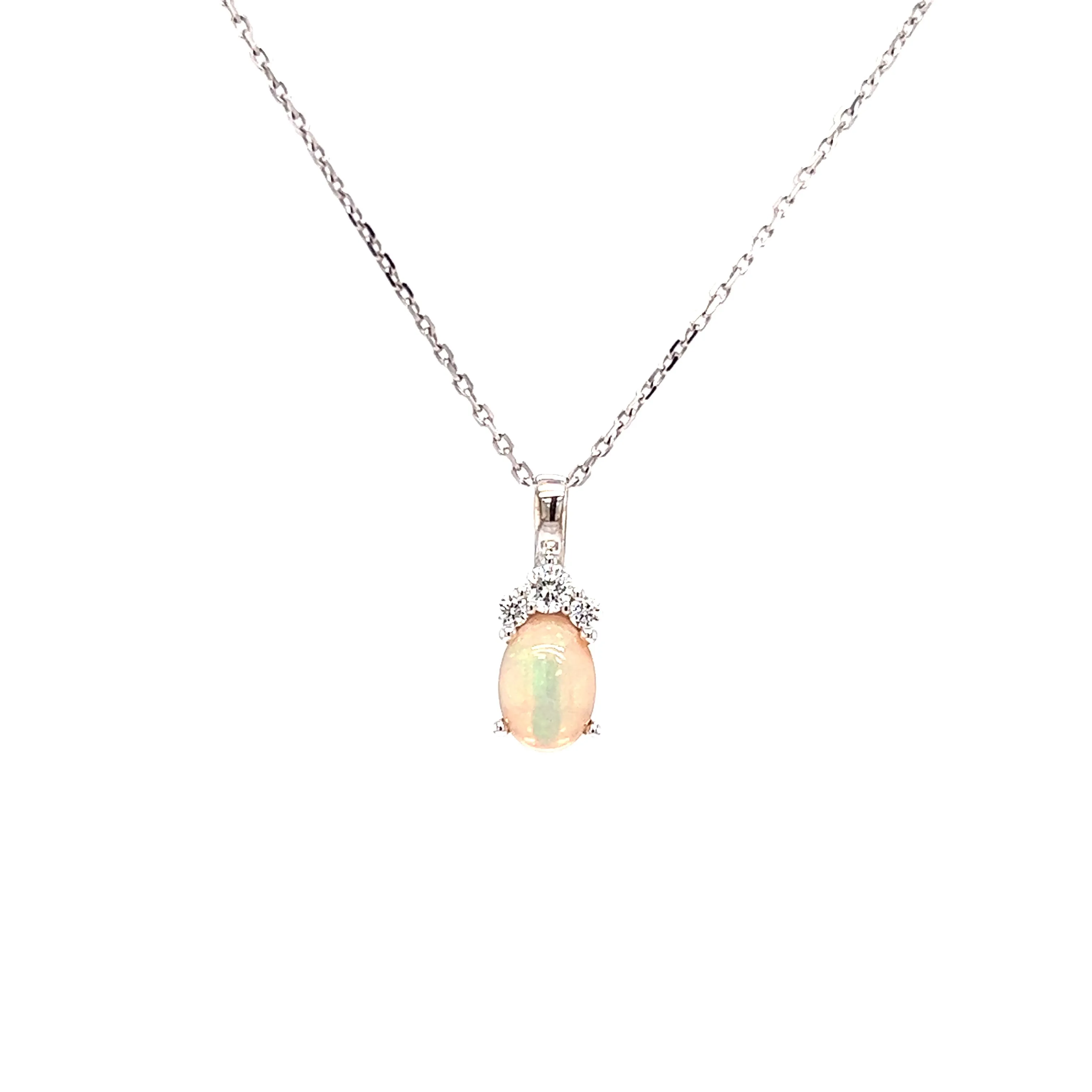 Ethiopian White Opal Pendant with Three Diamonds in 14K White Gold