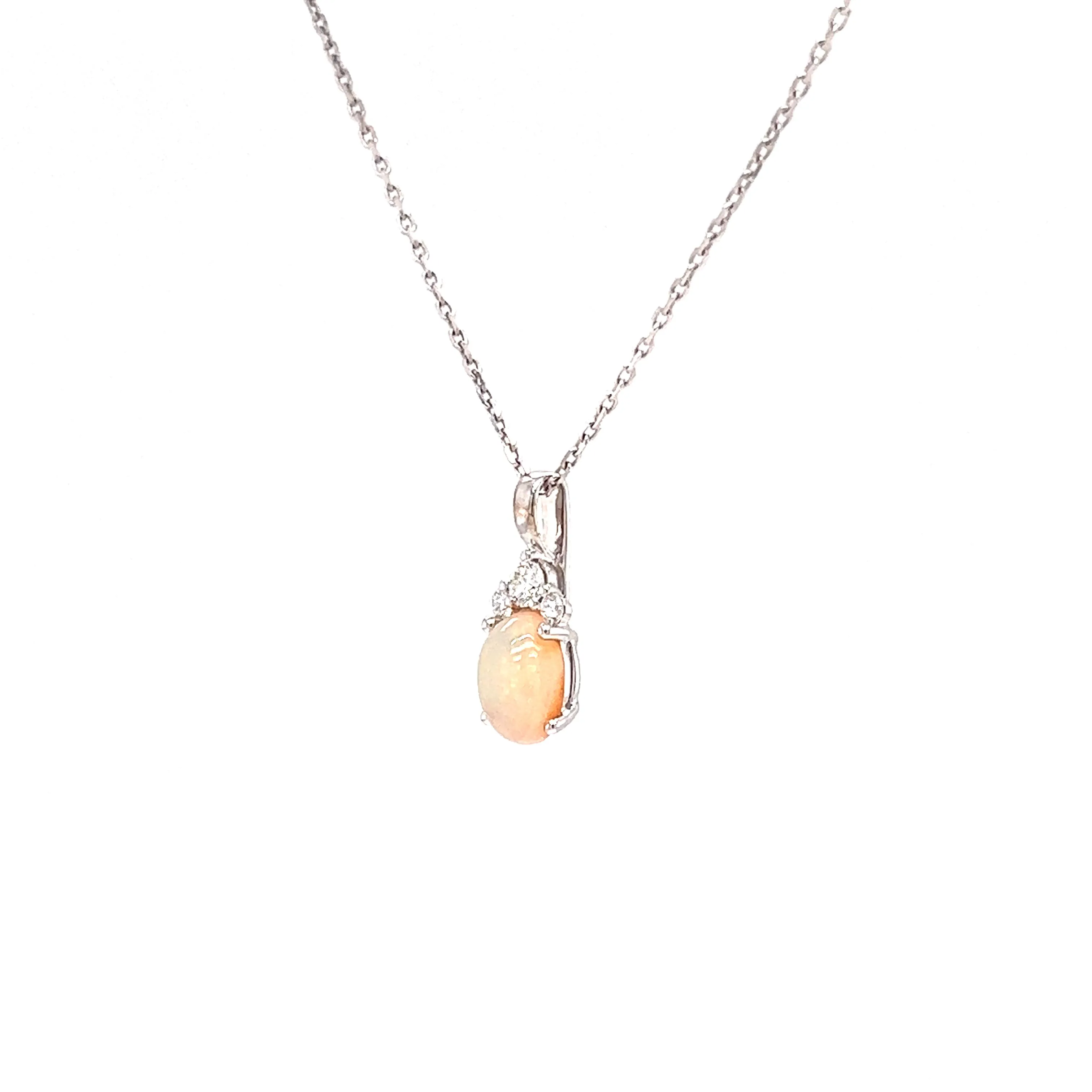 Ethiopian White Opal Pendant with Three Diamonds in 14K White Gold