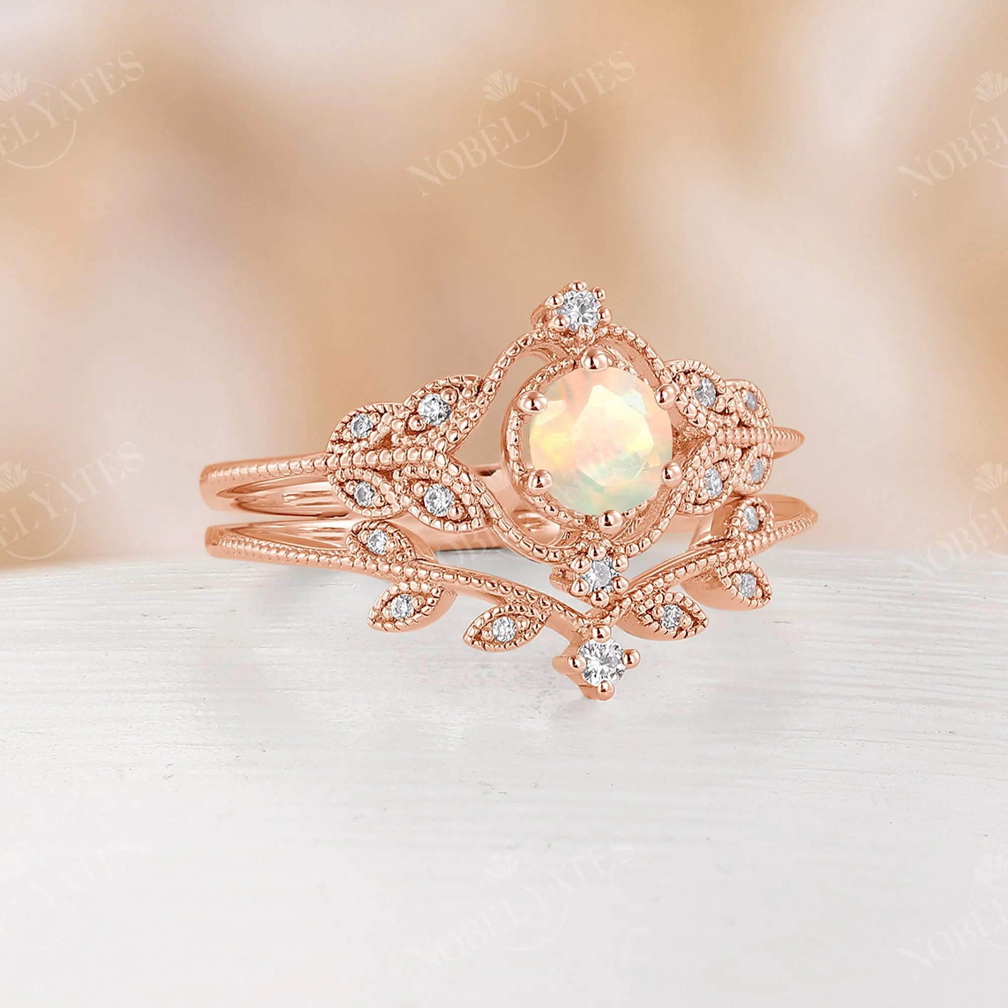 Faced Ethiopian Opal Nature Milgrain Vintage Engagement Ring Set