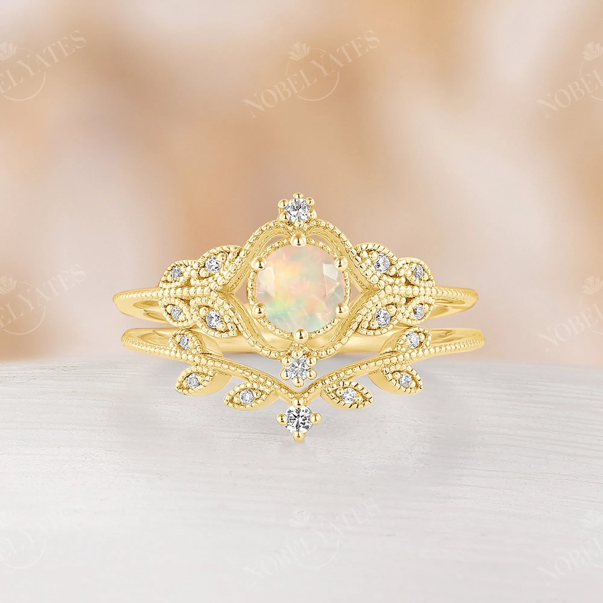 Faced Ethiopian Opal Nature Milgrain Vintage Engagement Ring Set