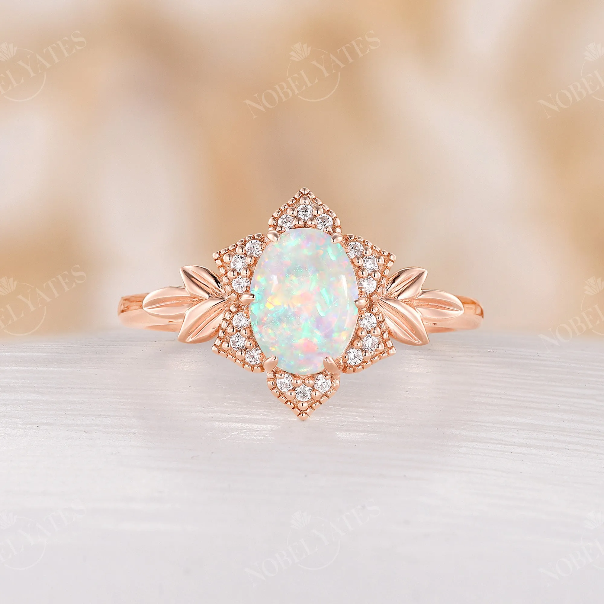 Floral Oval Opal Halo Engagement Ring Leaf Rose Gold