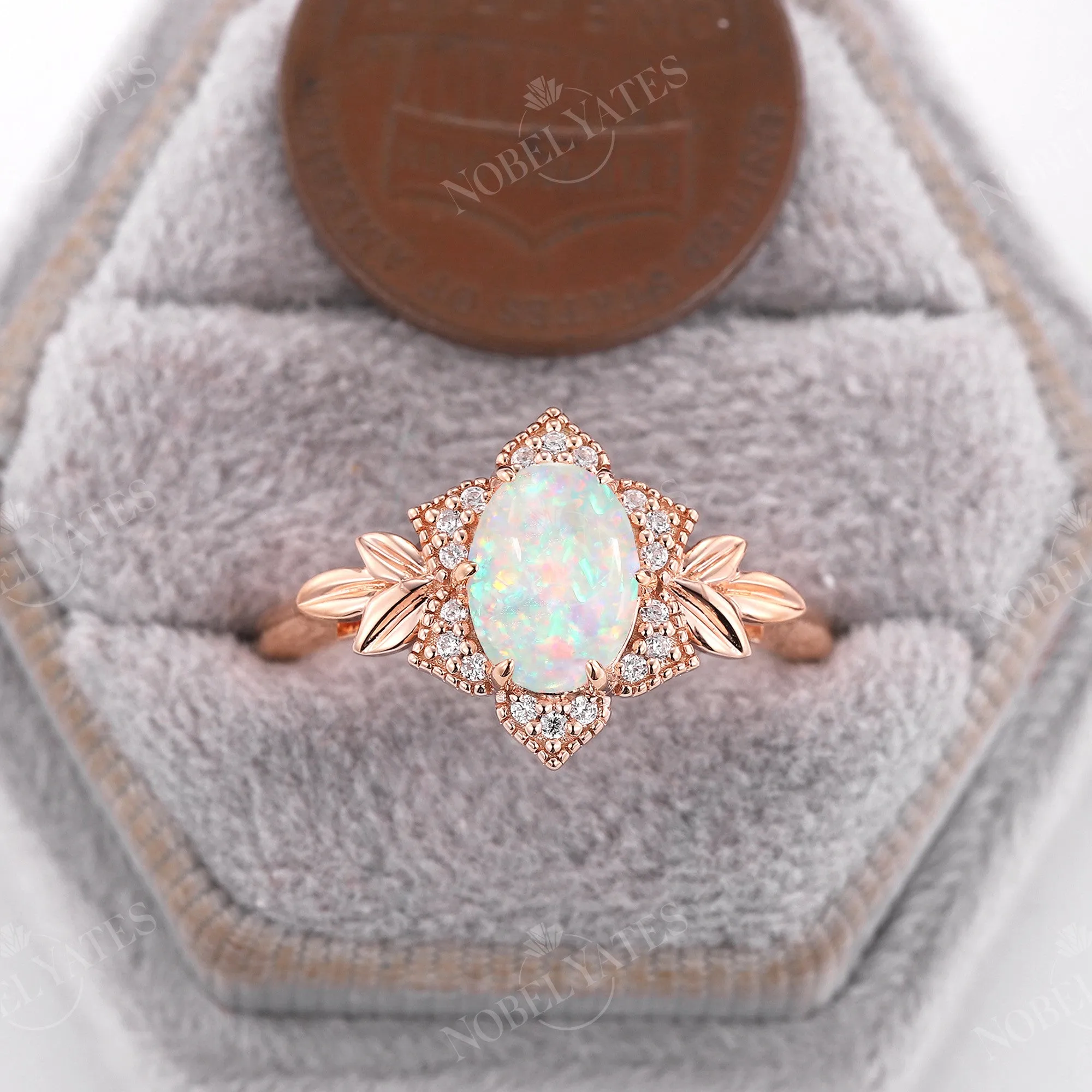 Floral Oval Opal Halo Engagement Ring Leaf Rose Gold