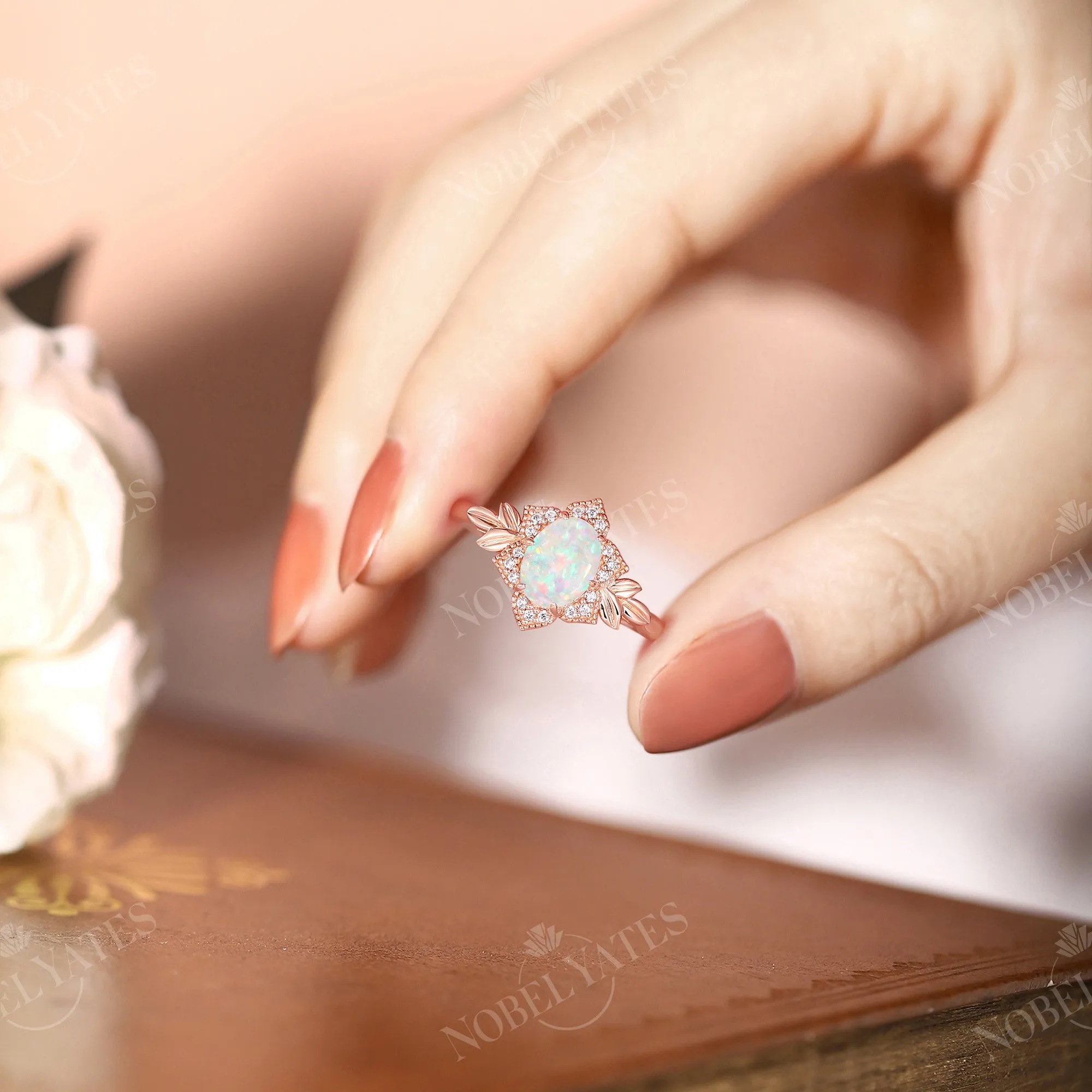 Floral Oval Opal Halo Engagement Ring Leaf Rose Gold